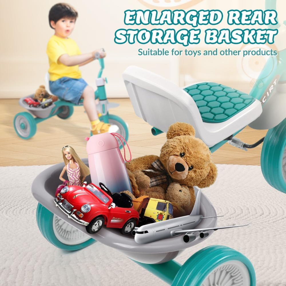 AUTOWT Kids Tricycles Age 2-4 Years, Toddler Kid Trike with EVA Wheels and Detachable Basket, Baby Balance Bike Ride-On Toys for Boys & Girls Birthday Gift Green image number 4