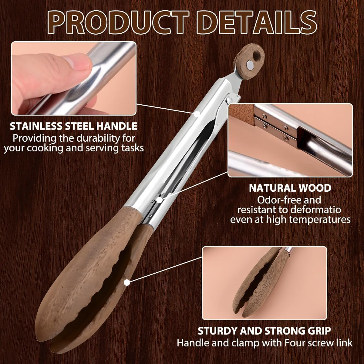 Phoselpida Kitchen Tongs Set - 9" & 12" Anti-Slip Long Wooden Cooking Tongs for BBQ, Grilling, Salad Tossing & Serving - Heat Resistant, Non-Stick Stainless Steel Handles with Hanging Hole image number 2