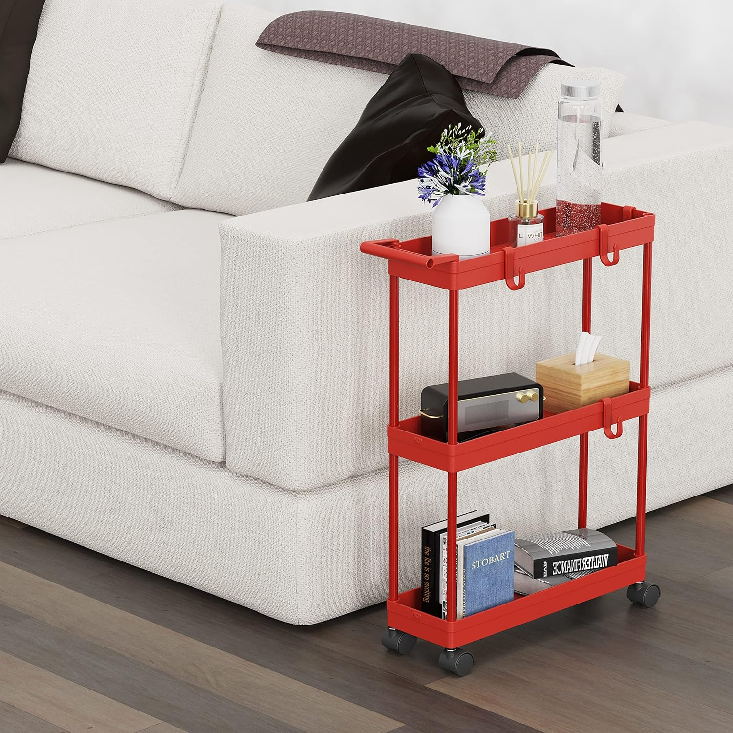 Simplehouseware 3-Tier Slim Rolling Cart with Handle and Hooks for Kitchen and Bathroom Trolley, Red image number 1