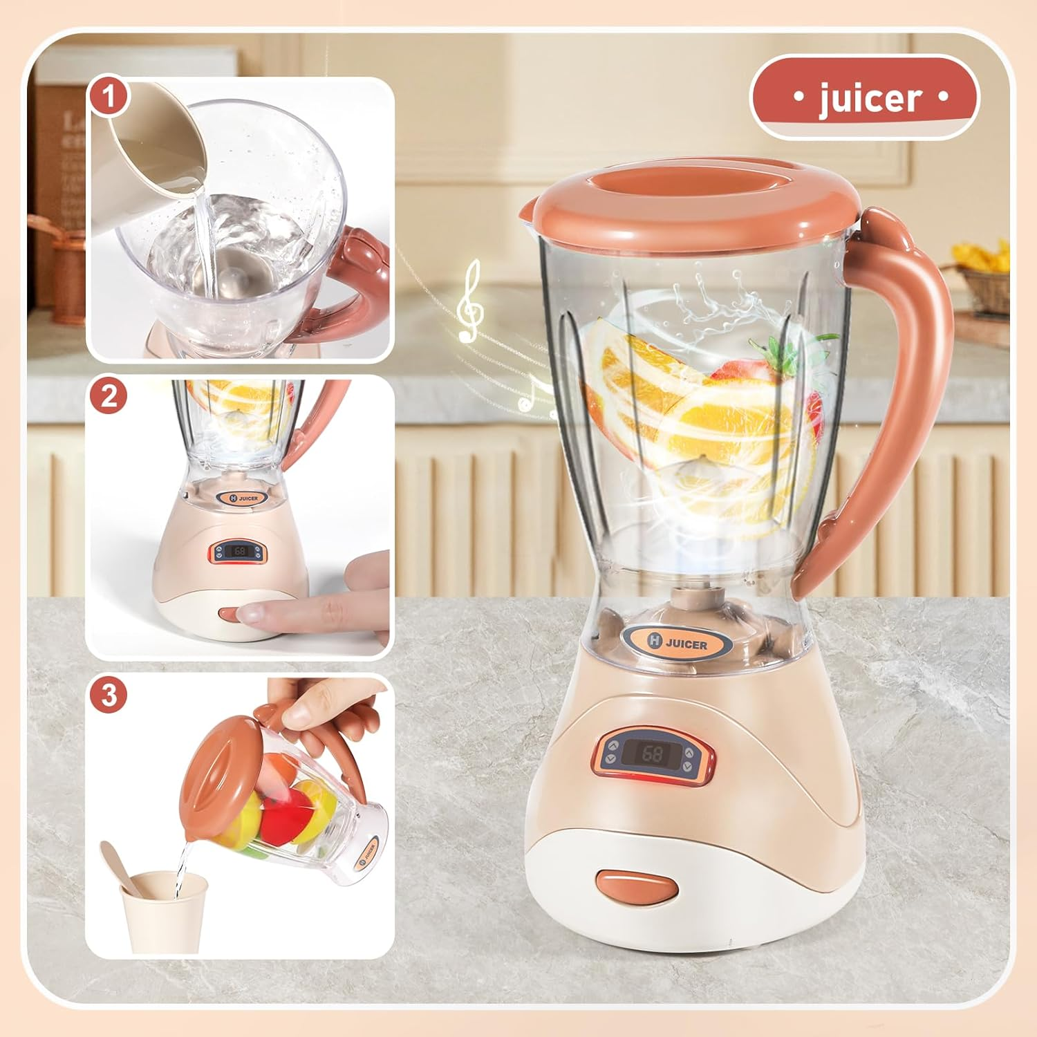 Kids Kitchen Set Includes Coffee Maker ,Blender,Fruit Machine and Toaster ,Apron and Cups,With Realistic Lights& Sounds for Kids 3+ Ages Toddler Toys image number 2