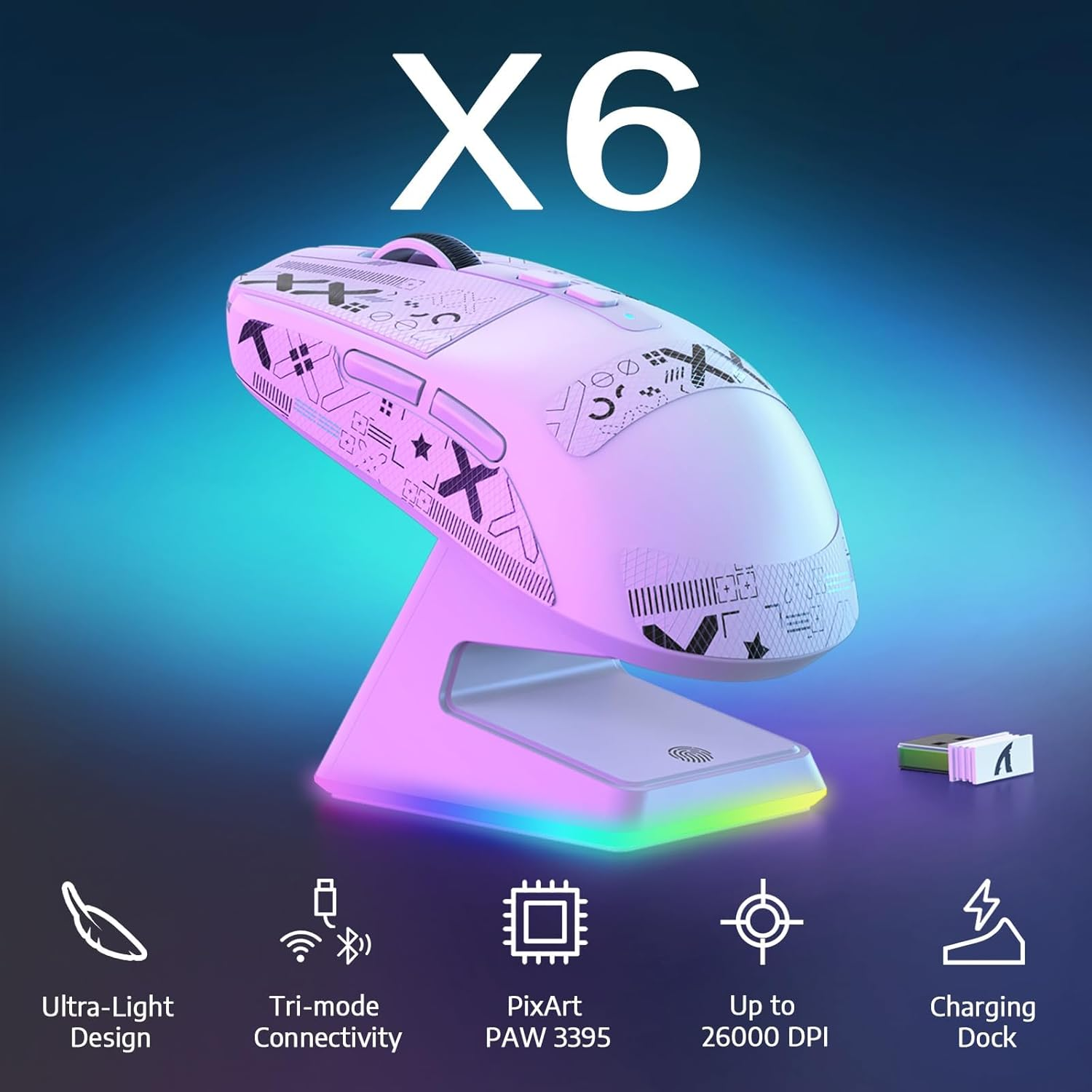 MAMBASNAKE ATTACK SAHRK X6 Wireless Gaming Mouse,49G Ultralight RGB Magnetic Charging Base,Tri-Mode 2.4G/Bt5.2/Wired,Paw3395 Sensor 26KDPI, G502 Programmable Mice for Win/Mac-White&Tape image number 1