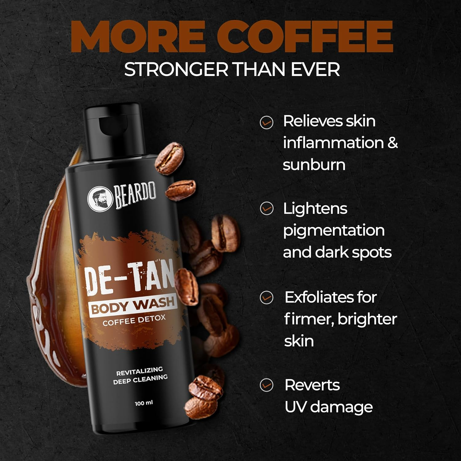 Beardo De-Tan Body Wash for Men, 100Ml | Tan Removal and Caffeine Body Wash | Detan with Coffee & Aloe Extracts | for Body & Face | Refreshing Fragrance image number 3