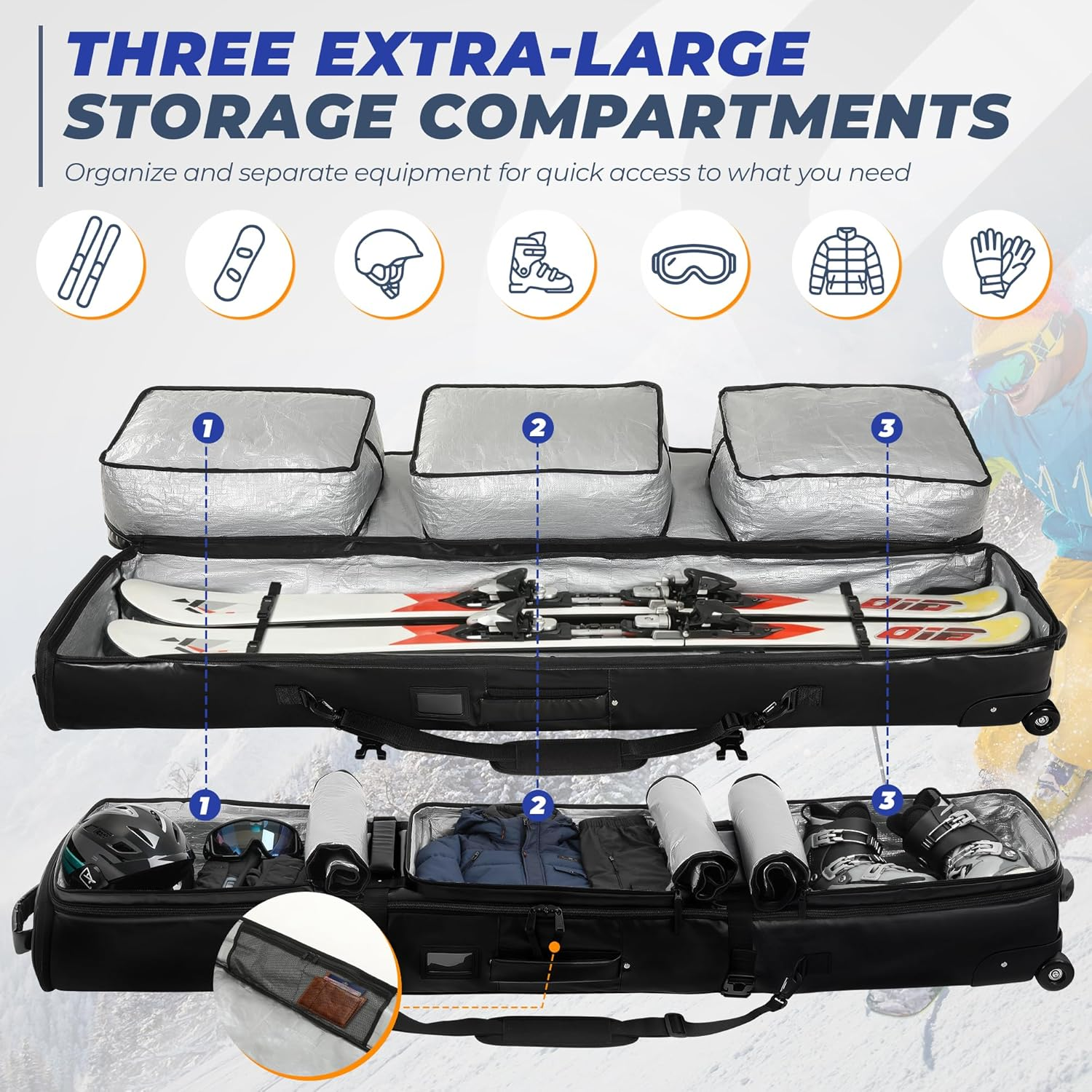 Sturdum Ski Bag with Wheels, Rolling Snowboard Bag for Air Travel, Extendable 155-185CM Wheeled Ski Bag All-Round Padded Protection, for Snowboard, Double Skis, Boots, Helmet, Ski Gear image number 5