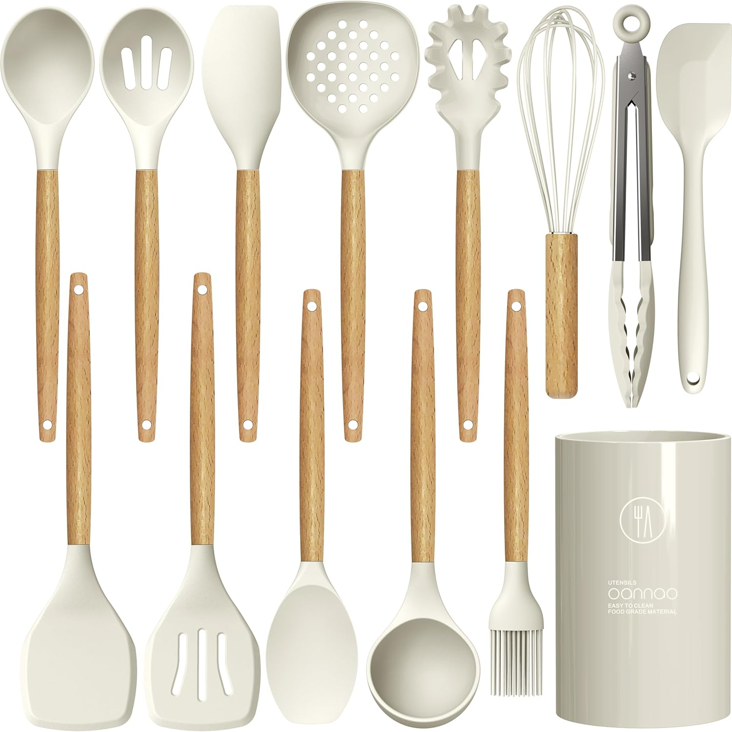Silicone Cooking Utensils Set - 446&deg;F Heat Resistant Silicone Kitchen Utensils for Cooking,Kitchen Utensil Spatula Set W Wooden Handles and Holder, BPA Free Gadgets for Non-Stick Cookware (Khaki)