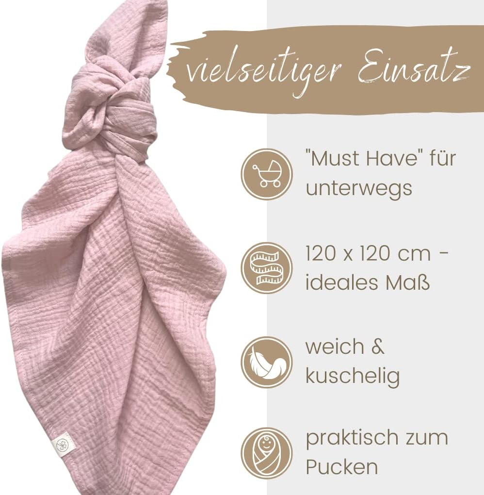 Baby Muslin Cloths Set of 2 Dusky Pink/Salmon Beige Crepe 120 X 120 Cm 100% Organic Cotton Muslin Burp Cloths Muslin Cloth Boy Girl Molton Cloth Muslin Nappies First Equipment Gift Birth image number 5