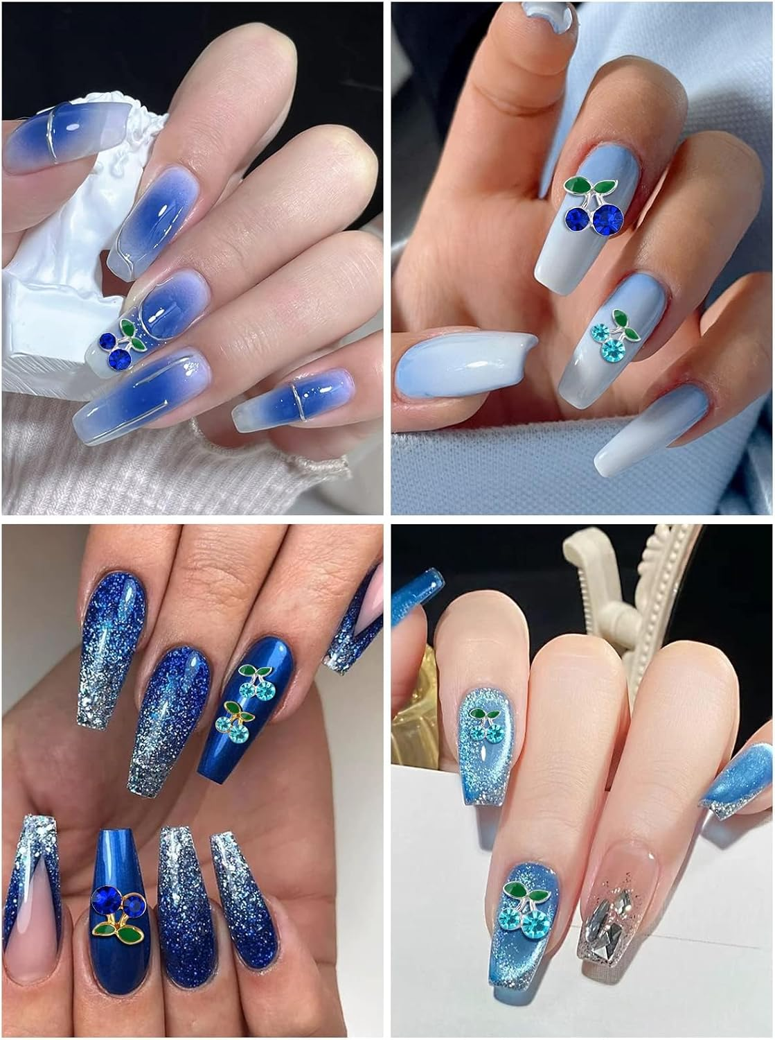 Kalolary Cherry Nail Rhinestones, 48Pcs 3D Cherry Charm Blue Fruit Diamond Crystal Nail Studs Alloy Nail Gems for Women Nail Art Decoration image number 2