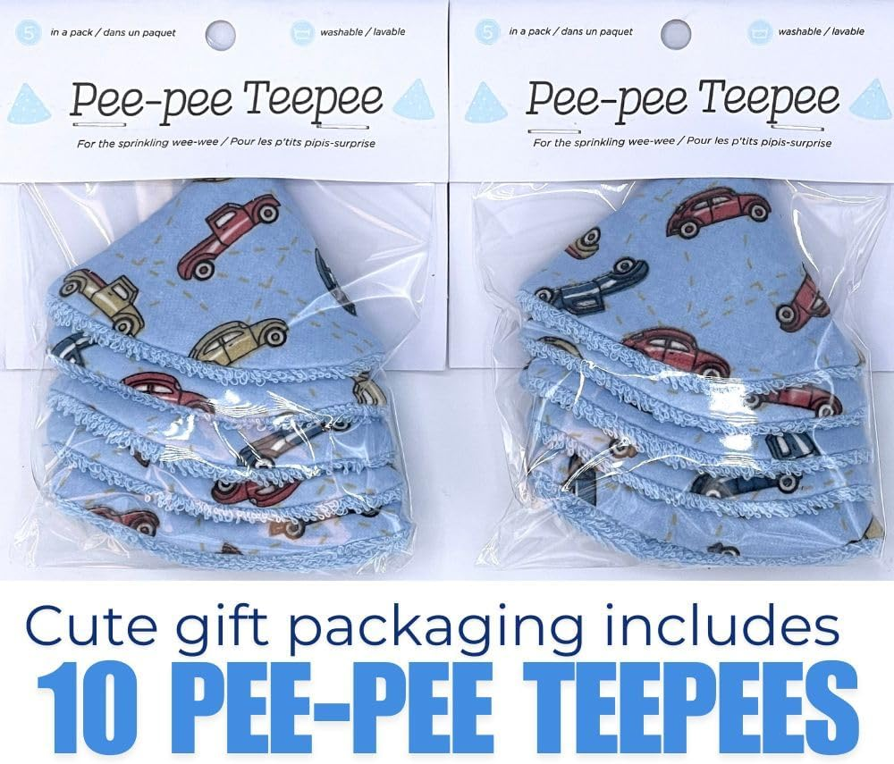 Washable Cotton Pee-Pee Teepees That Shield Baby Boys Pee during Diaper Changes. Great Add-On Baby Showers. Comes in Gift-Ready Store Packaging. 10 Pieces in Cellophane Bag. Cars image number 2