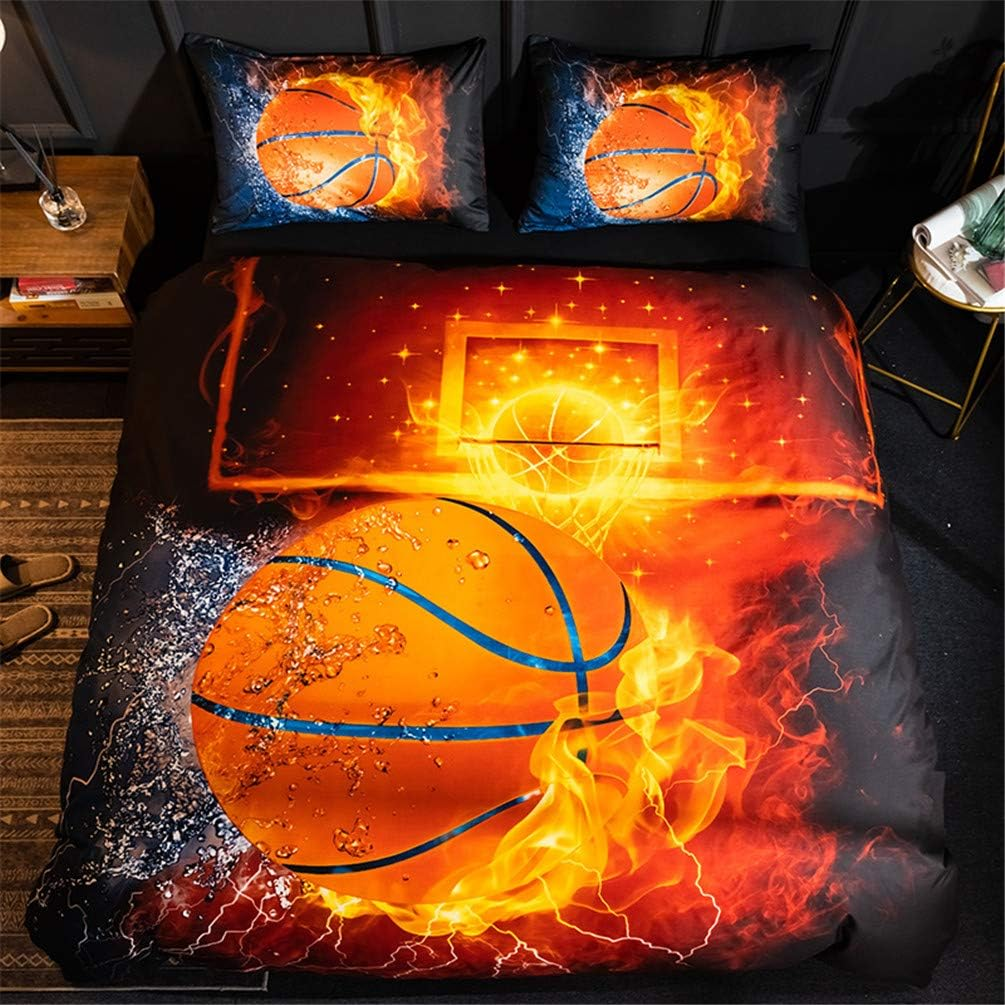Mozeo 3D Basketball Fire Bedding Duvet Cover Set 3 Piece (1 Duvet Cover+2 Pillowcase) for Teen Boys Sports Microfiber Bedding Quilt (Double Basketball Fire)