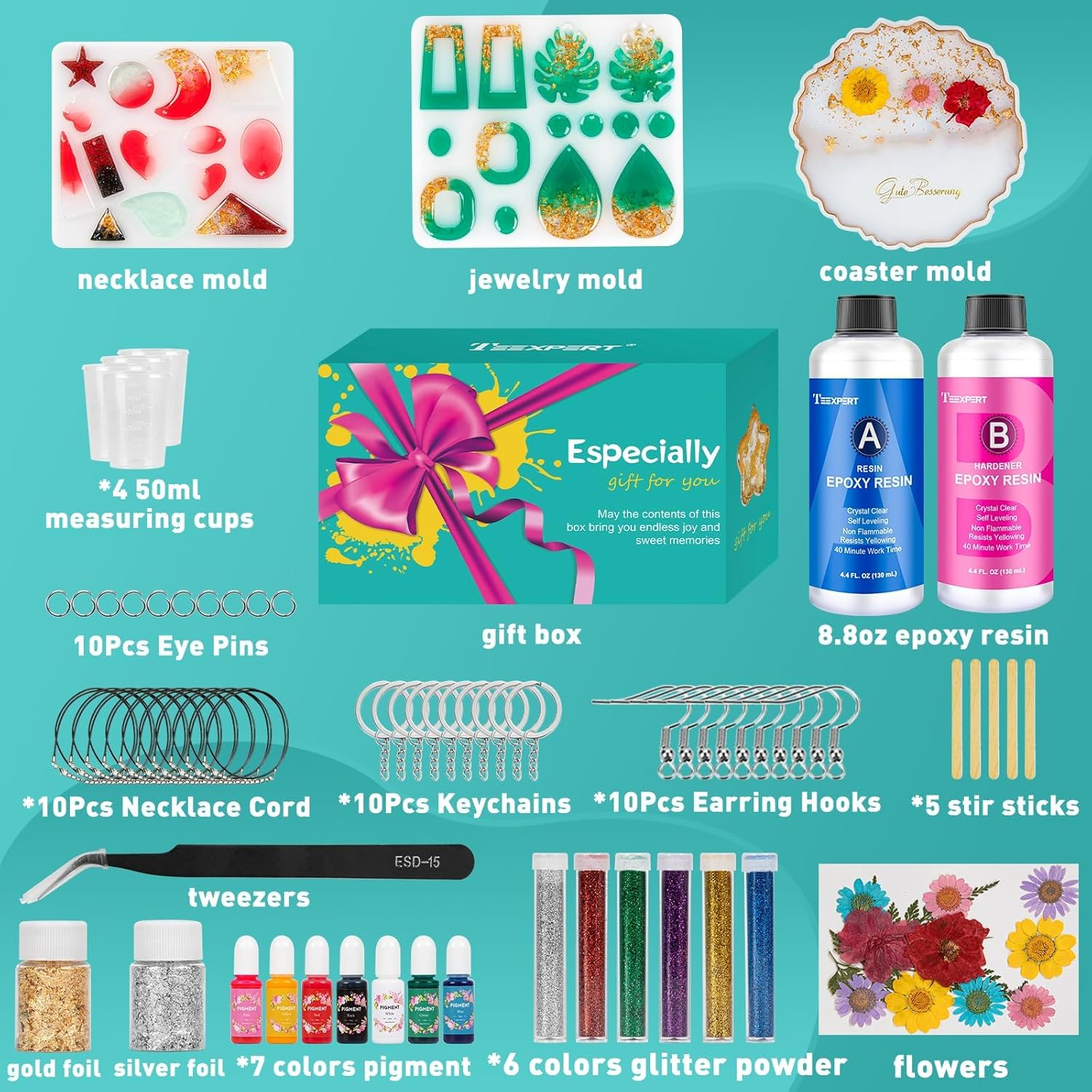 Teexpert Epoxy Resin Kits for Beginners, 8.8OZ Crystal Clear Epoxy Resin Starter Kit with Jewelry Coaster Earring Resin Moulds, Pigments, Resin Accessories, Gift Box, Complete Casting Resin Jewellery Making Kit for Art & Craft image number 2