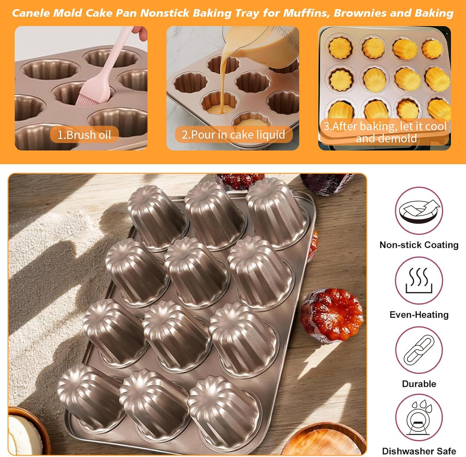 Canele Mold Cake Pan Non-Stick Carbon Steel Canel&eacute;s Baking Pan for Oven, Professional French Pastry Molds for Homemade, Muffin Cupcake, Heavy Duty Bakeware with Smooth Release (12-Cavity) image number 6
