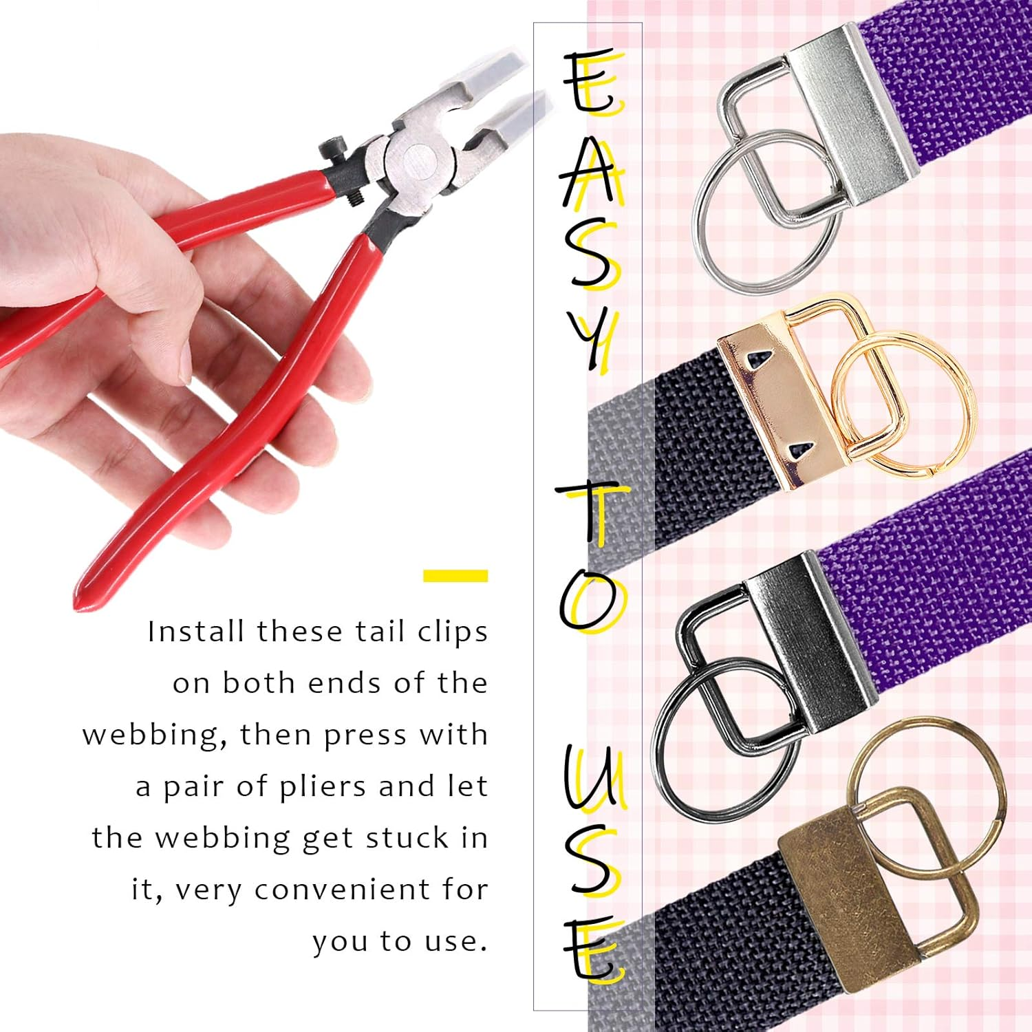 Swpeet 41 Sets 1" 25Mm 4 Colors Key Fob Hardware with 1Pcs Key Fob Pliers, Glass Running Pliers Tools with Jaws, Studio Running Pliers Attach Rubber Tips Perfect for Key Fob 4Hardware Install - Gold image number 4