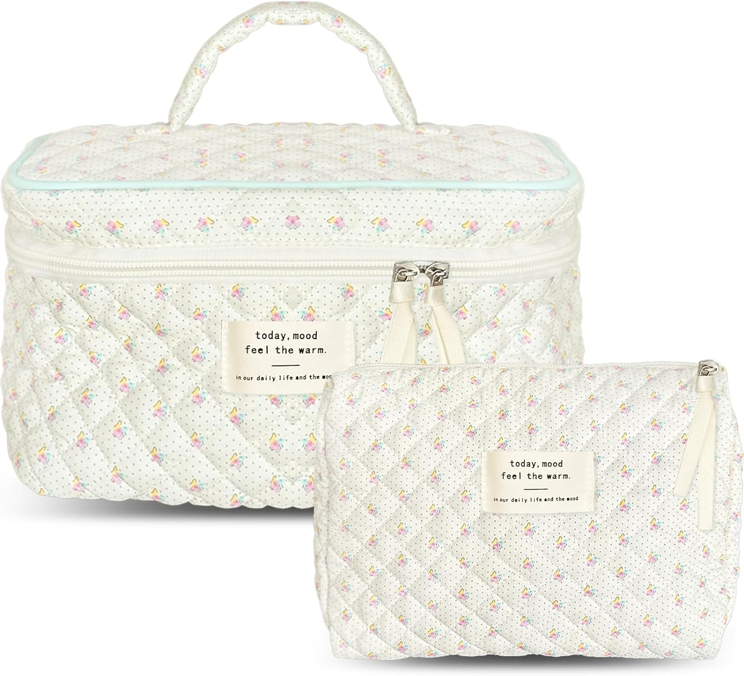 FYL 2Pcs Quilted Makeup Bag, Travel Makeup Bag, Floral Coquette Large Make up Bags (Classic Floral 2Pcs)