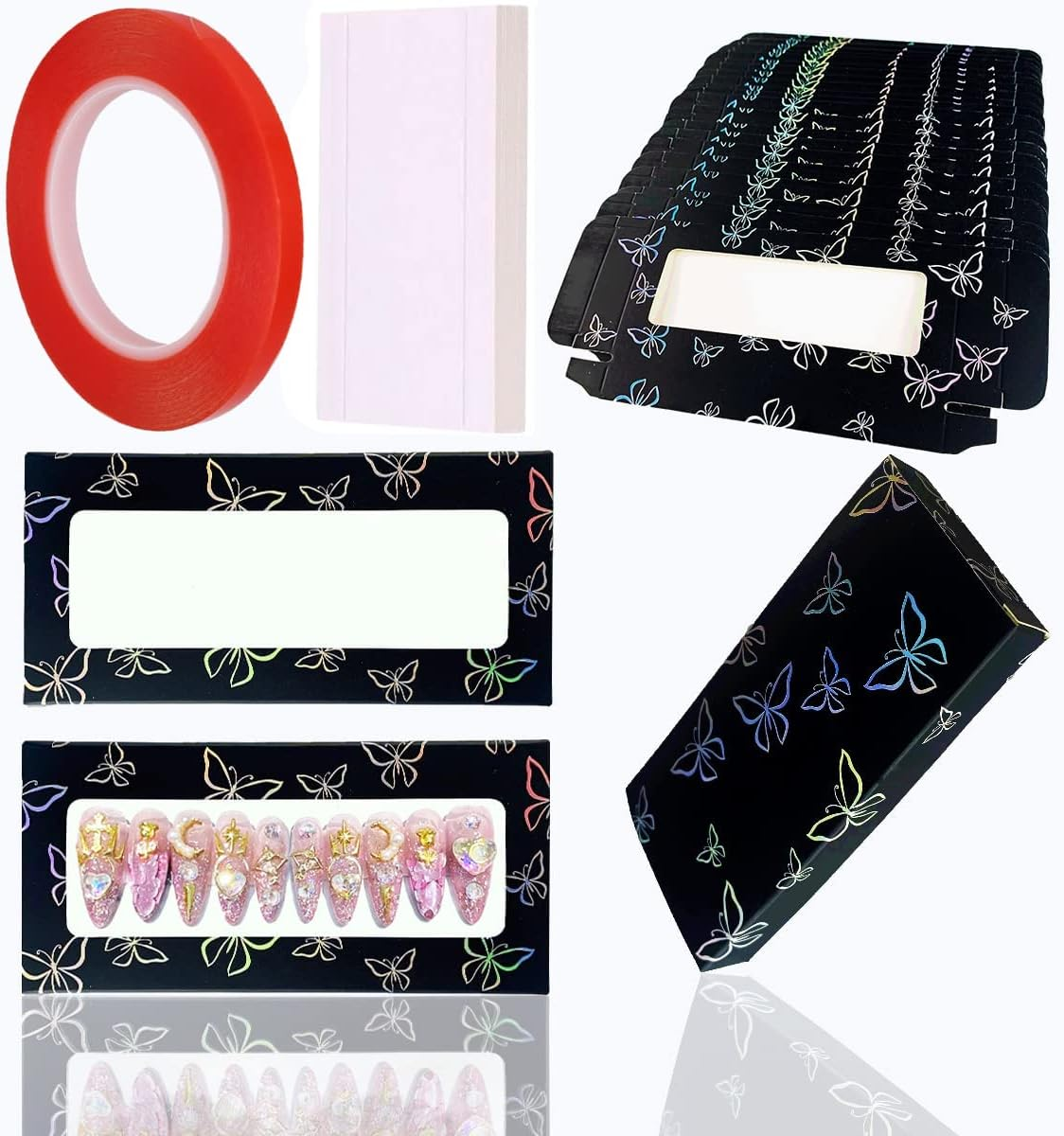 HLQHXWHZT 71 Pcs Empty Press on Nails Packaging Box 35 Pcs White Background Papers and 1 Double Sided Tape, Empty Nail Package Box Set for Press on Nail Business (Black)&hellip; image number 4