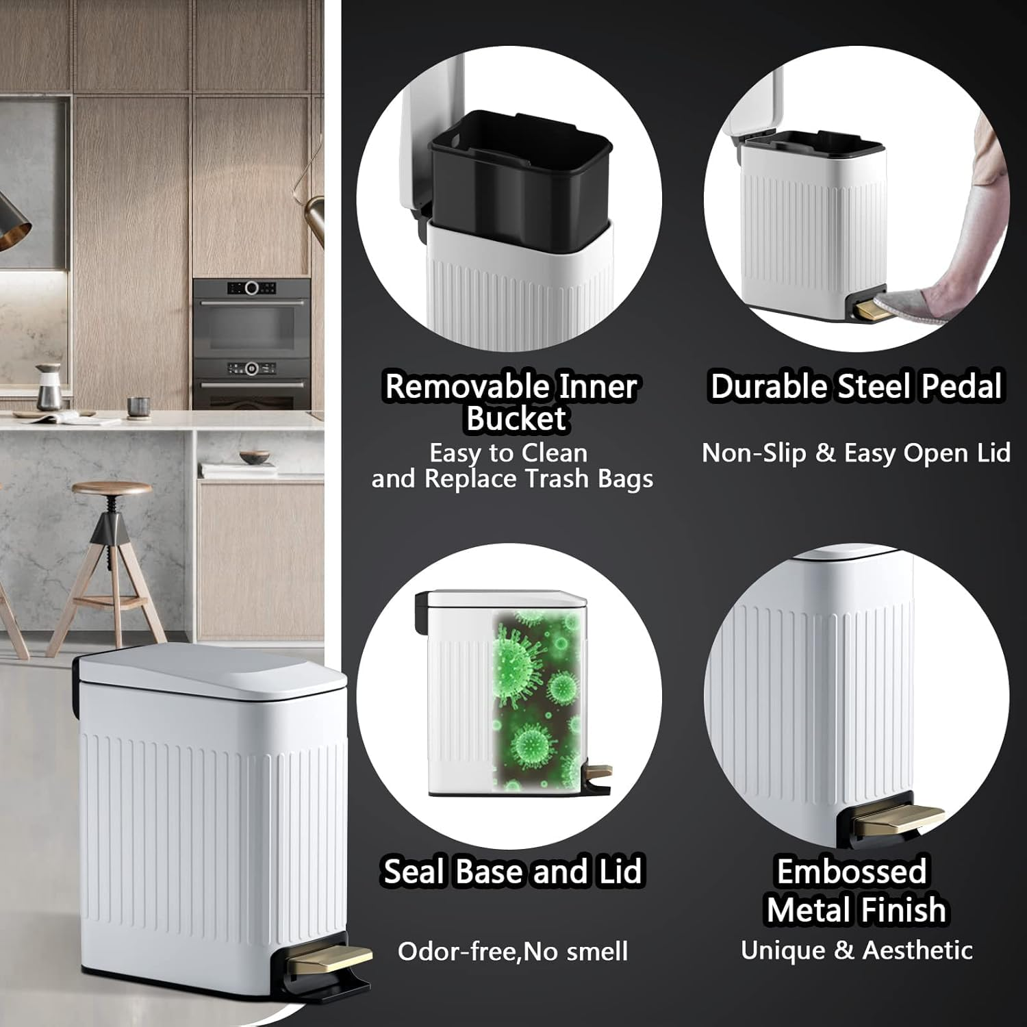 Small Trash Can with Lid Soft Close 6 Liter Stainless Steel Rectangular Slim Trash Bin with Metal Pedal Removable Inner Wastebasket for Bathroom Bedroom, Kitchen, Powder Room, Office, White - White image number 5