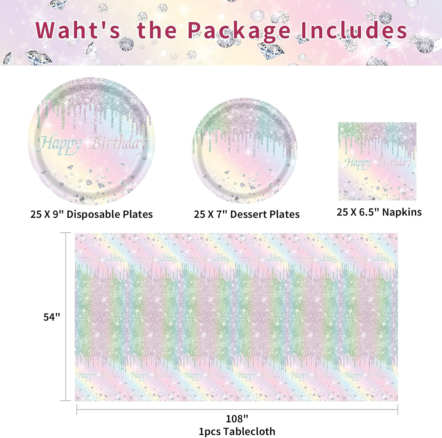 Diamond Birthday Party Supplies,Colorful Glitter Paper Plates and Napkins Tableware with Tablecloth,For Girls Women Birthday,Serves 25 Guests image number 2