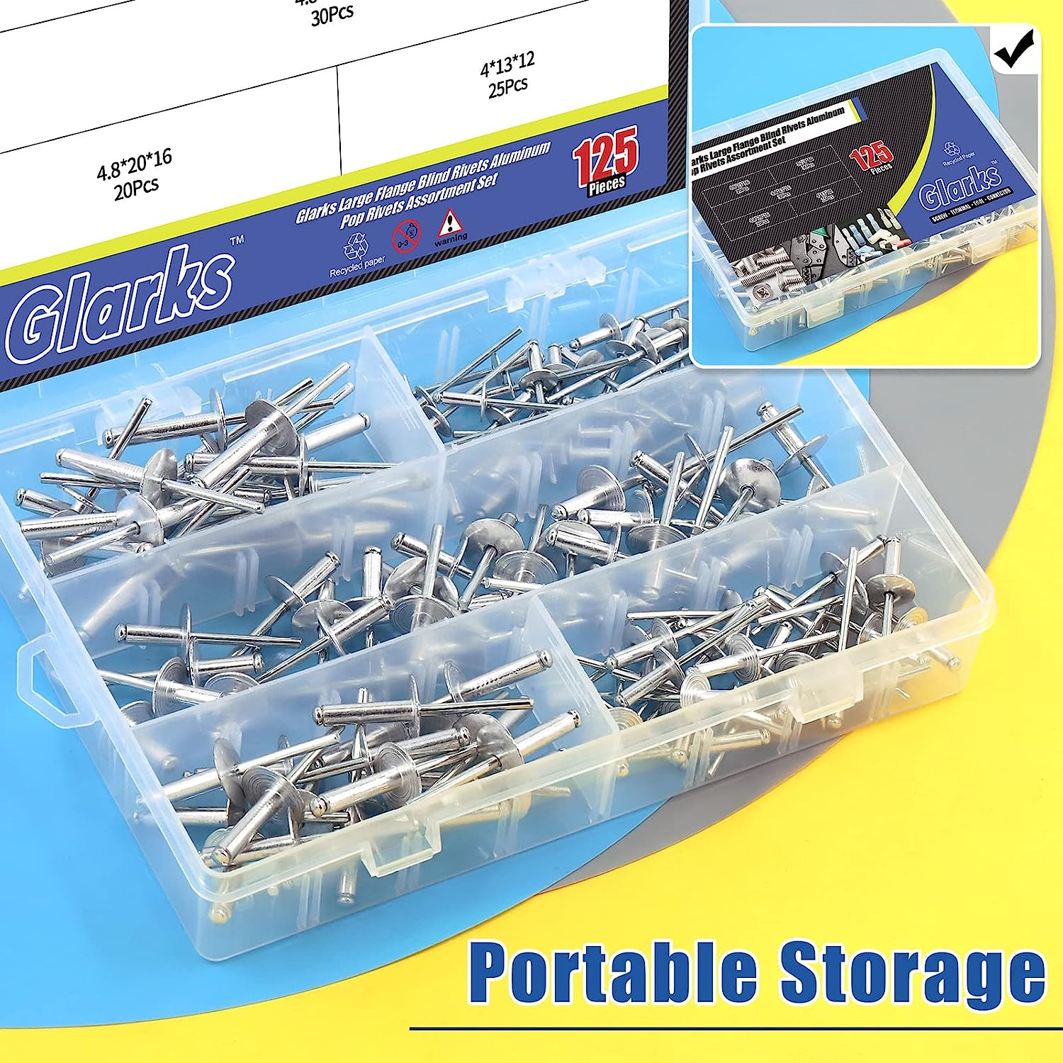 Glarks 125Pcs 5 Sizes Large Flange Aluminum Blind Rivets Pop Rivets Assortment Set for Joining Metal Plate Pipe Automotive image number 6