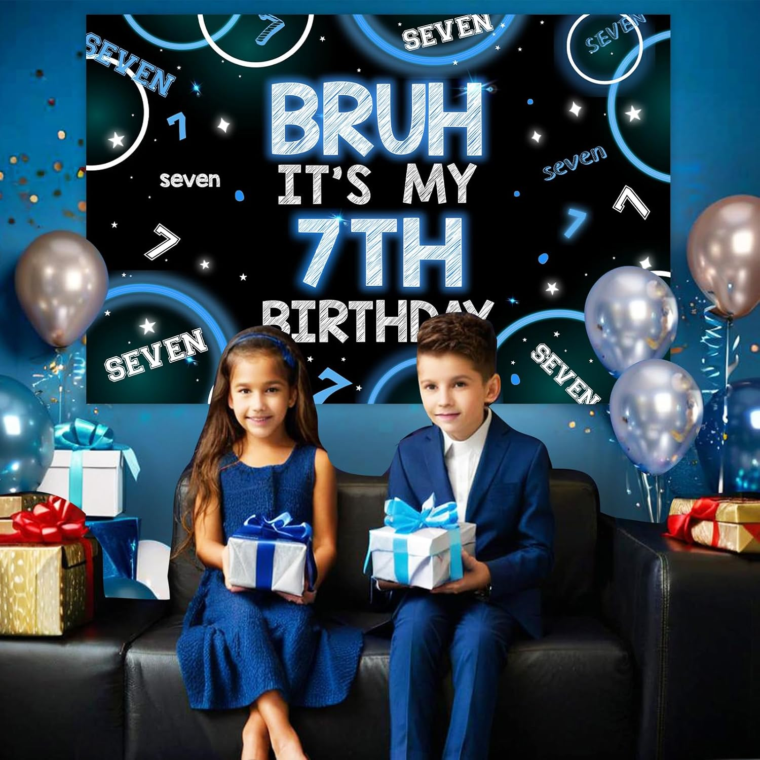 Wonmelody Bruh It&rsquo;S My 7Th Birthday Decor 4.92*3.28Ft Bruh It&rsquo;S My 7Th Birthday Backdrop Banner Blue Black 7Th Birthday Decor for Boy Happy 7Th Birthday Party Supplies Seven Years Old Photo Booth Prop image number 2