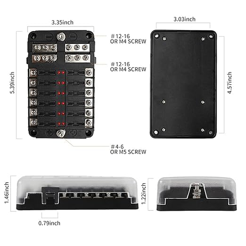 Upgraded 12 Way Fuse Block Box with Thumbscrew and LED Indicator, 12 Circuit Blade Fuse Box Holder W/Negative Bus Damp-Proof Cover Label Sticker for 12V/24V Auto Car RV Marine Boat and Yacht image number 2