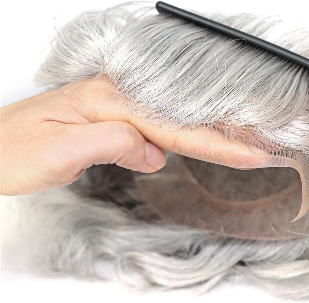 Replacement Toupee for Men Mono Lace with Thin Skin PU Breathable Male Hair Prosthesis #1B90 Gray Human Hair System Systems