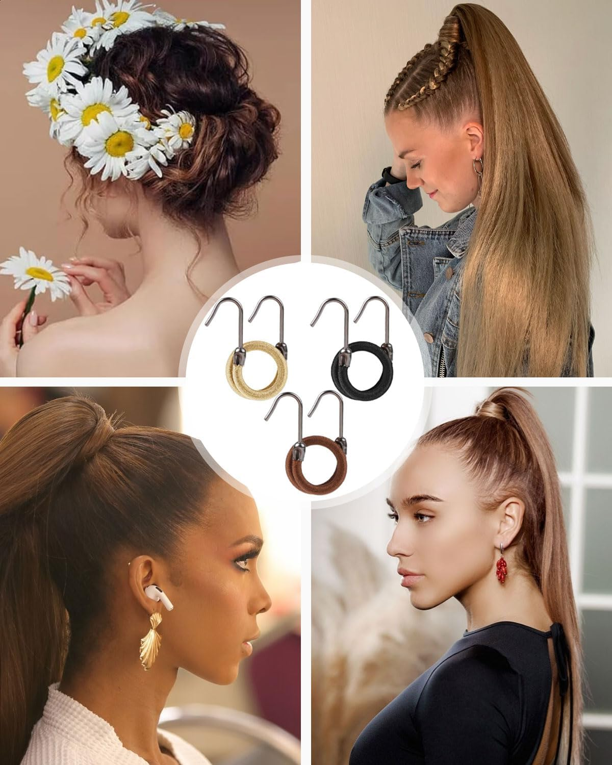 FUGLUS 18 Pieces Hair Scrunchie Hooks, Elastic Hair Bands, Open Ponytail Hooks, Hair Bands with Hair, Ponytail Hook Hair Clips for Women and Girls, Hair Scrunchie image number 2