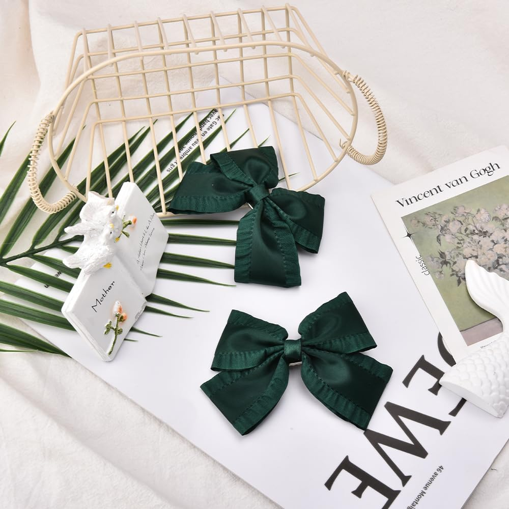 4 Inch Emerald Green Hair Bows with Ruffle Edge Cute Satin Bowknot Alligator Clips Hairpins Cute Ruffled Green School Cheer Bow Clips St Patricks Day Christmas Bows Hair Accessories for Girls 2 PCS - Pink image number 2