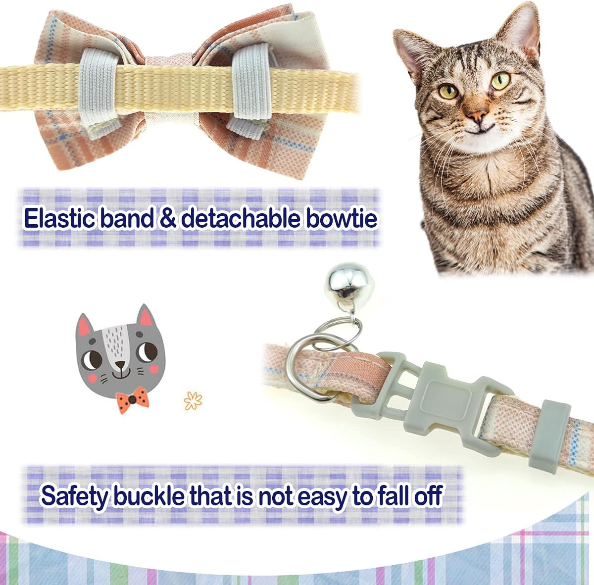 Cat Bow Tie Collars with Bell Adjustable Plaid Collar for Kitten Puppy Cute Collars Soft Cat Collar with Bell Tie image number 3