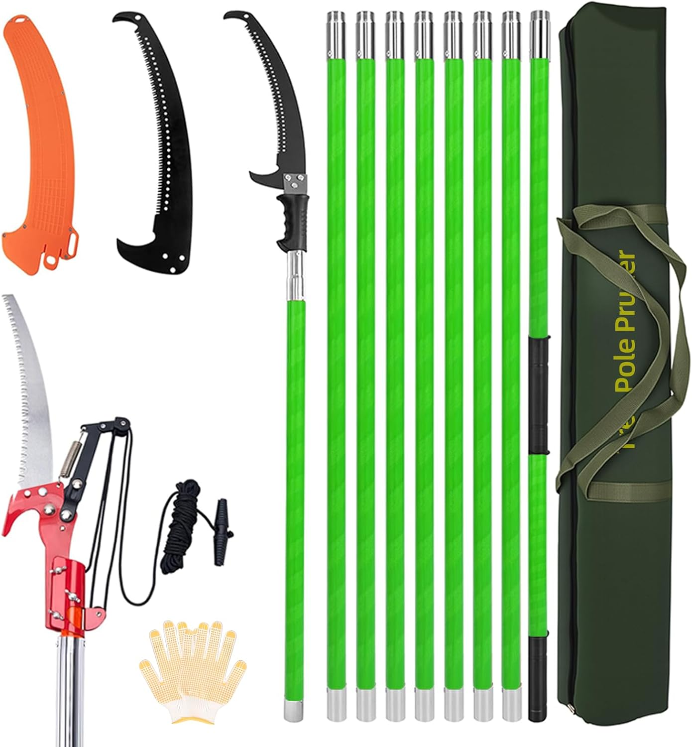 9M Manual Pole Pruner Saw for Tree Trimming, Extendable Tree Pole Pruner, Sharp Steel Blade and Scissors, High Branch Trimmer with Lightweight 9 Fiberglass Handles, for Pruning Palms and Shrubs -Green