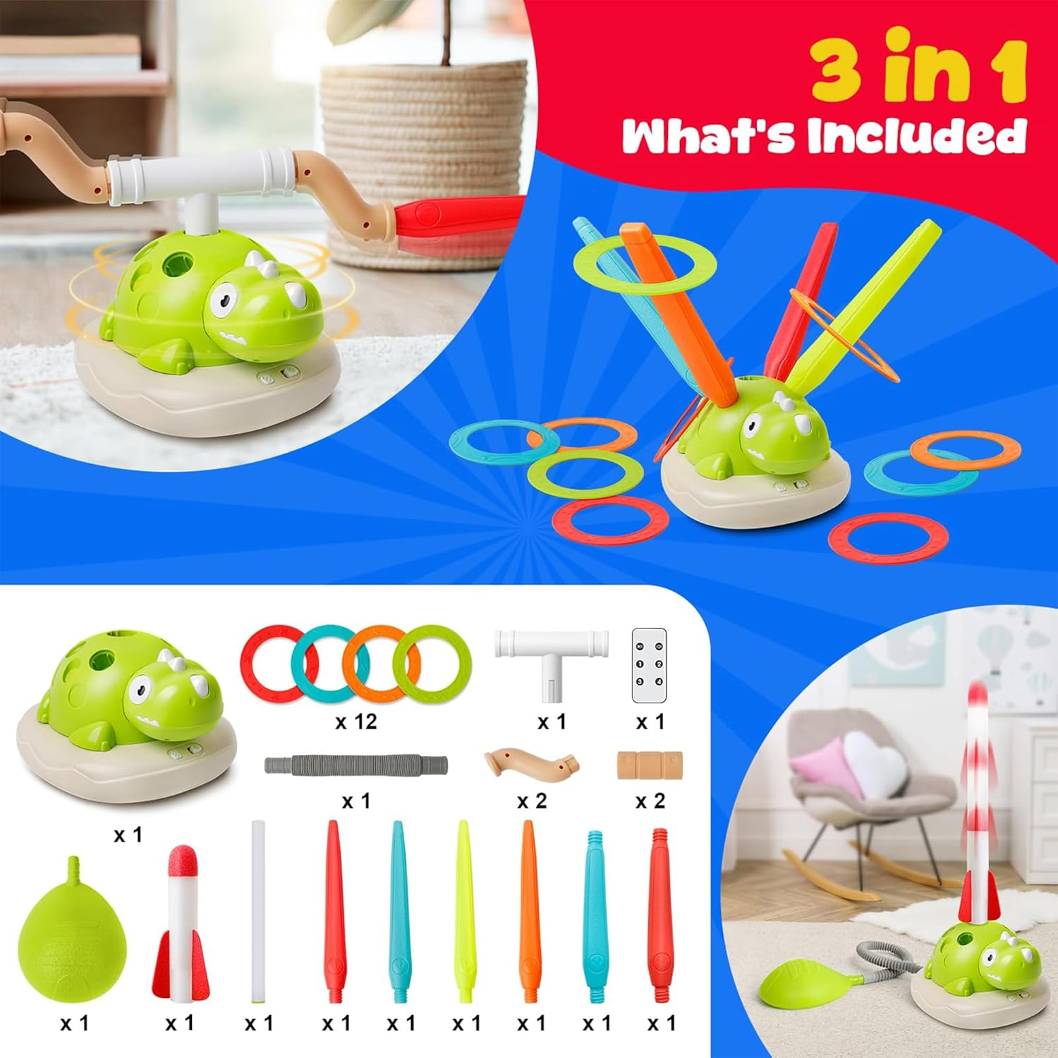 3 in 1 Dinosaur Rocket Launcher Toy &ndash; Musical Jump & Ring Toss Game for Kids image number 5