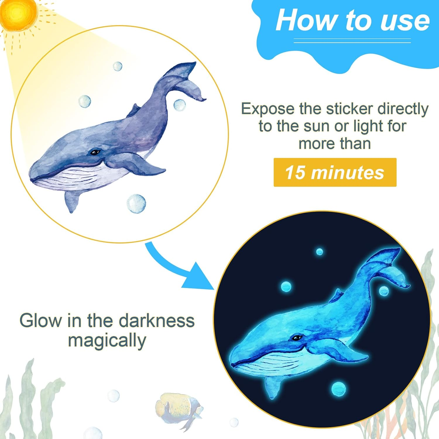 Glow in the Dark under the Sea Wall Decals Glowing Ocean World Themed Wall Stickers Sea Turtle Seaweed Jellyfish Removable Wall Decor for Bathroom Bedroom Nursery Toddler Kids Boys Girls Room image number 1