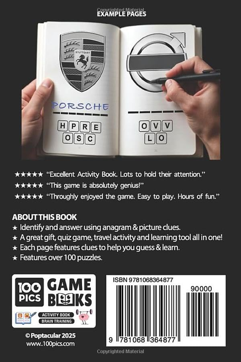 100 PICS Car Logos Game Book - Guess 100 Car Logos - Identify Car Logos Using Anagram and Picture Clues. Fun for Kids and Adults - Play Together! Top Travel Game and Activity Puzzle Book image number 1