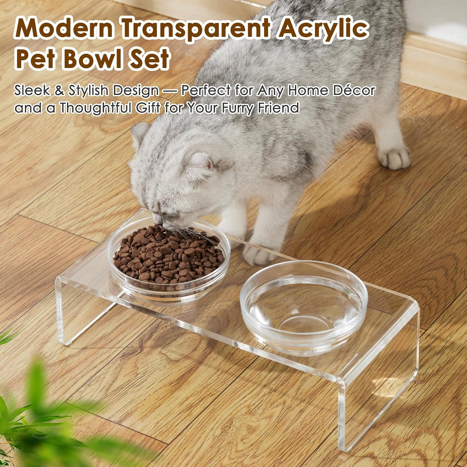 Acrylic Elevated Dog Cat Bowls Pet Feeder Double Bowl Raised Stand Comes with 2 Removable Glass Bowls and 2 Stainless Steel Bowls.Perfect for Cats Puppies Small Dogs image number 3