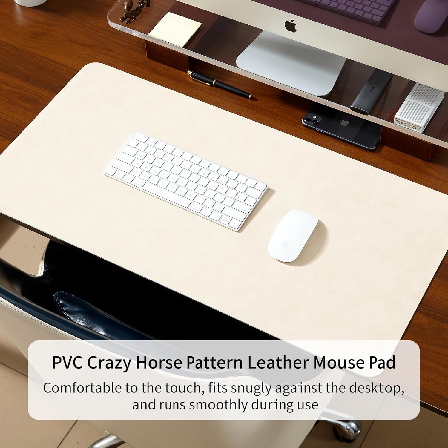 Crazy Horse Leather Desk Mat Large Mouse Pad Laptop Computer Desk Pad Protector Non-Slip Waterproof Table Blotter Desktop Writing Pad for Office and Home (Beige, 80X40Cm) image number 2