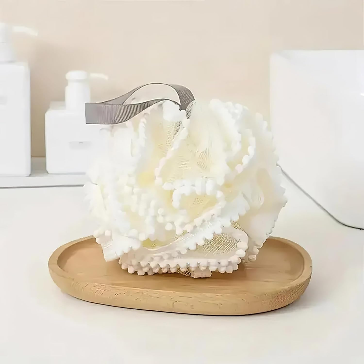 Luxurious Large Bath Loofah Sponge Pouf Puff Ball Mesh for Shower - Soft, Quick-Dry Exfoliating Foaming Deep Cleansing Body Scrubber - White image number 6