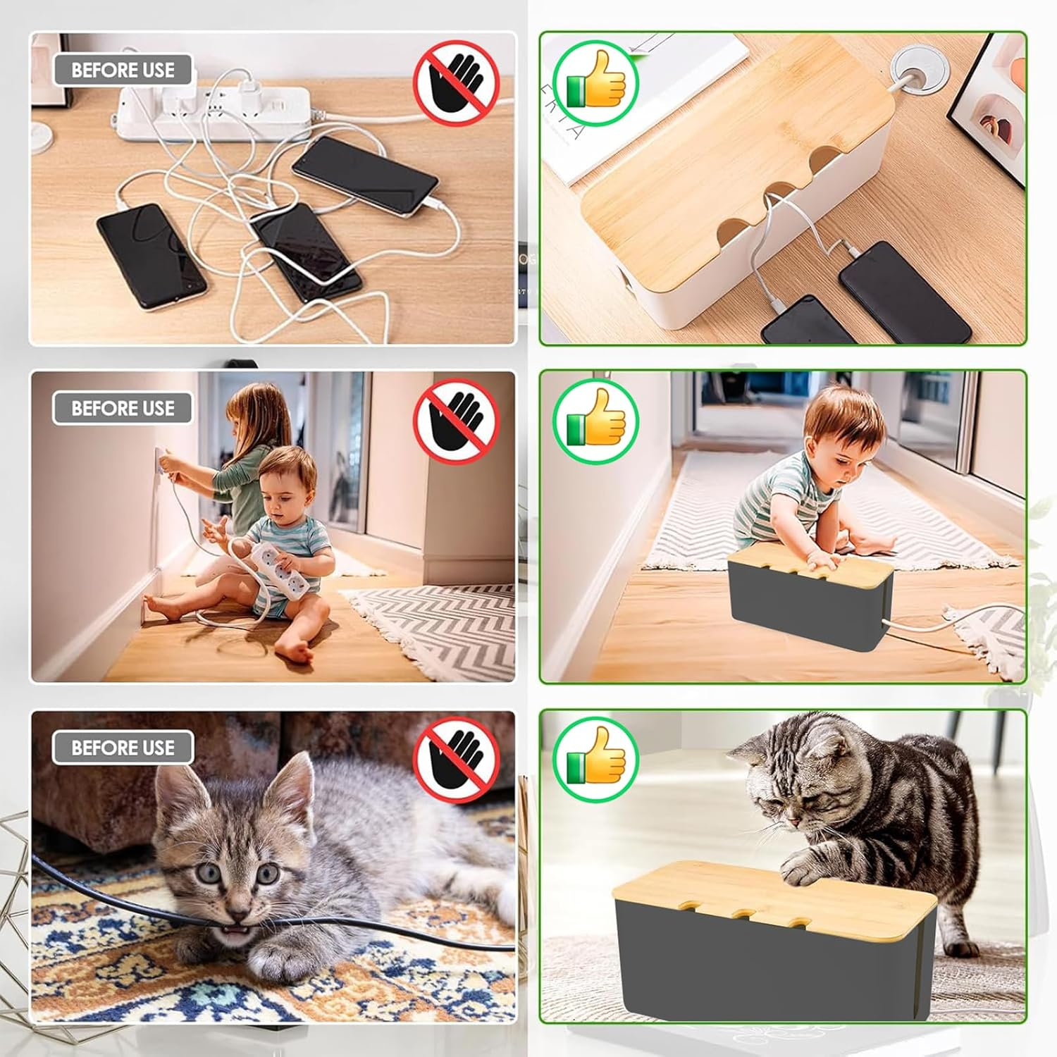 2 Pack Cable Management Box,Cord Organizer with Bamboo Cover for TV Wires,Computer,Router,Usb Hub,Under Desk Power Strip& Cords (Black) image number 5