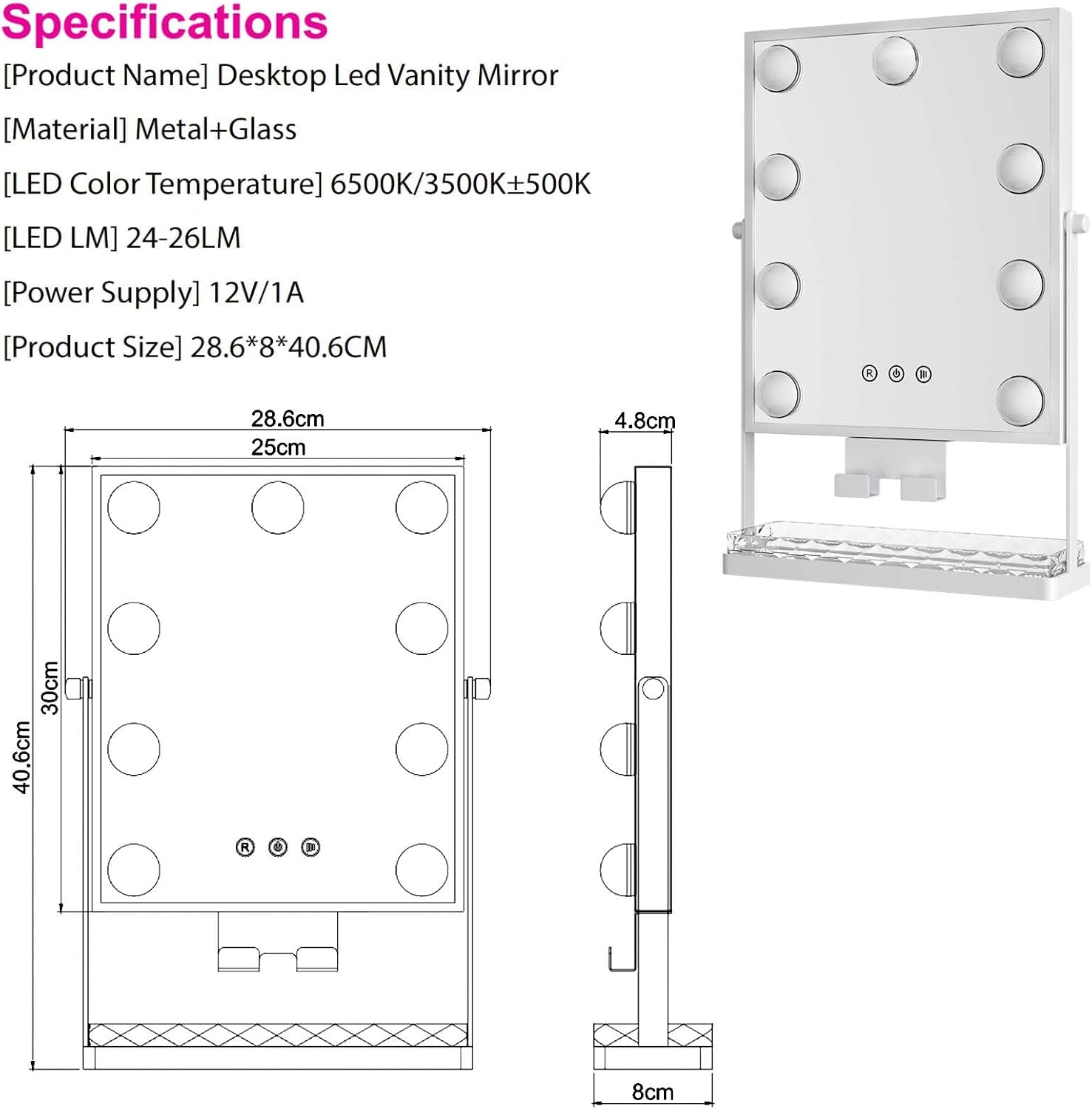 Hollywood Mirror Square Vanity Makeup Mirror Adjustable LED Lights with Storage Drawer Mobile Phone Holder 10X Magnifying Mirror image number 5