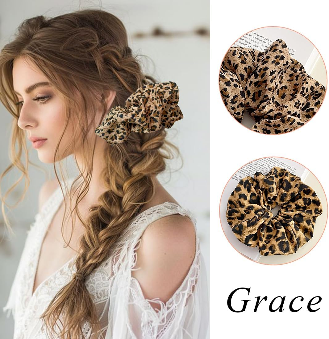 JYNVO Pack of 2 Hair Ties for Women, Leopard Print, Satin Elastic Thick Bands, Ponytail Holder, Women Hair Accessories, Hair Bobbles, Extra Large Scrunchie, Dark & Light Leopard Print image number 4