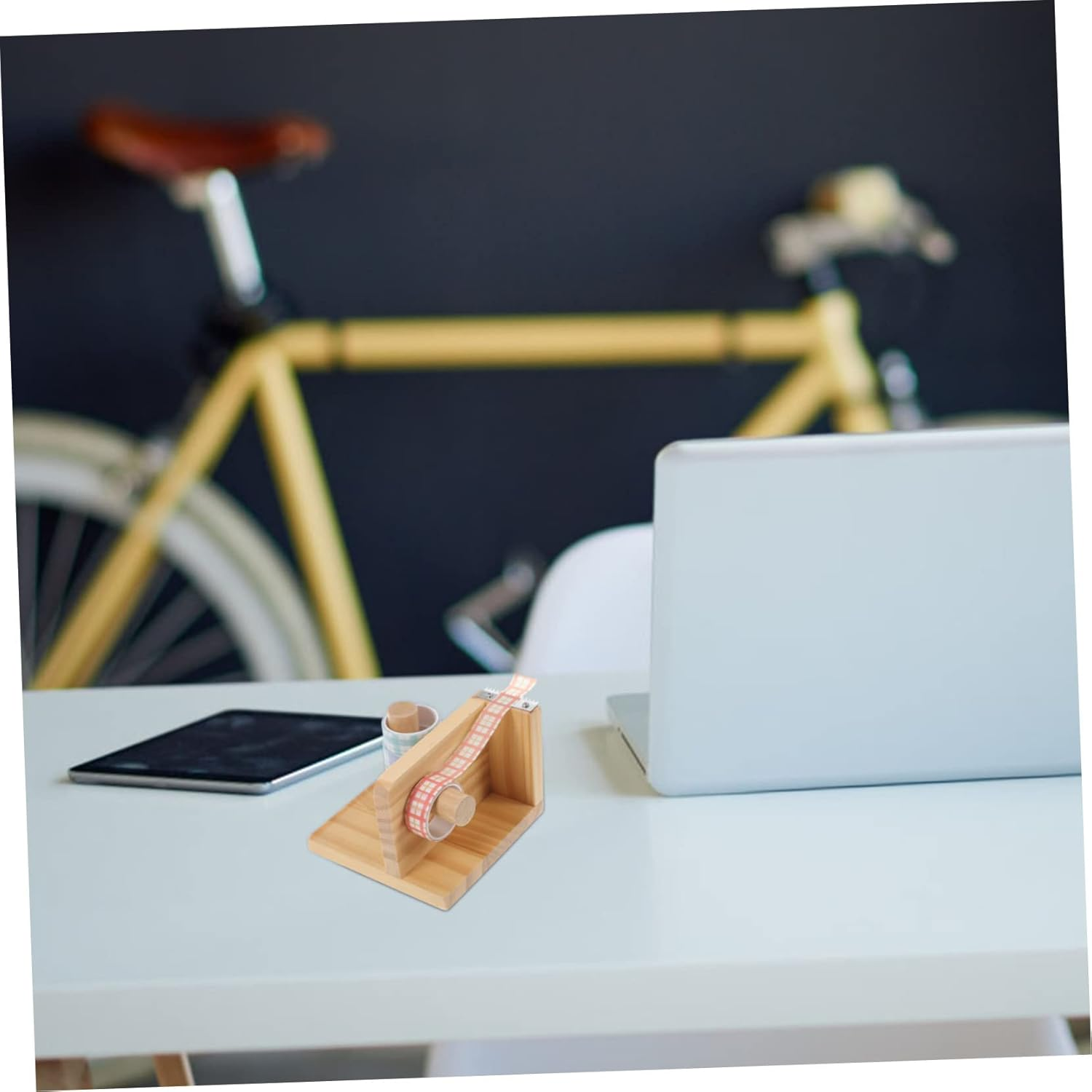 SHINEOFI Professional Tape Dispenser and Portable Tape Cutter with Desk Storage Rack, Natural Wood Color W11&times;D11&times;H8Cm, Reusable Sticker Accessory for Office and Home Organization