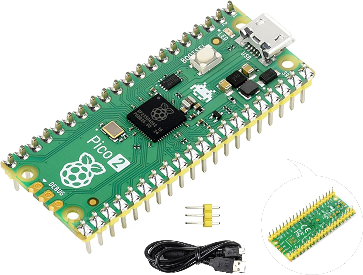 Ueekkoo Compatible with Raspberry Pi Pico 2 Microcontroller Board, Yellow Pre-Soldered Header, Dual-Core & Dual-Architecture Design, 4MB Flash, 3 Items image number 1