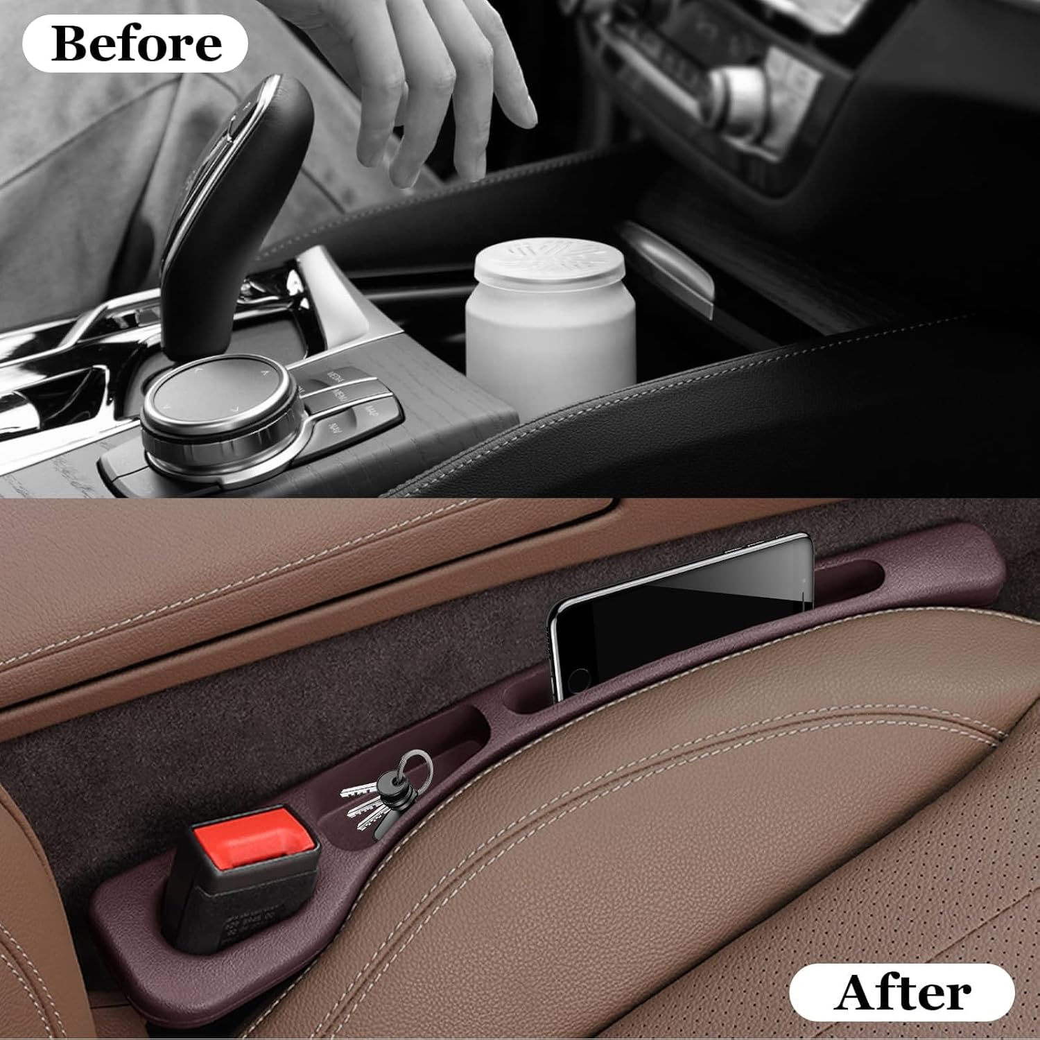 2PCS Car Seat Side Gap Filler, No Drop Seat Guard, 2025 Car Seat Side Gap Filler, Soft Foam Multifunctional Seat Side Gap Filler with Organizer & Hook Function, Seat Gap Fillers for All Cars (Brown)