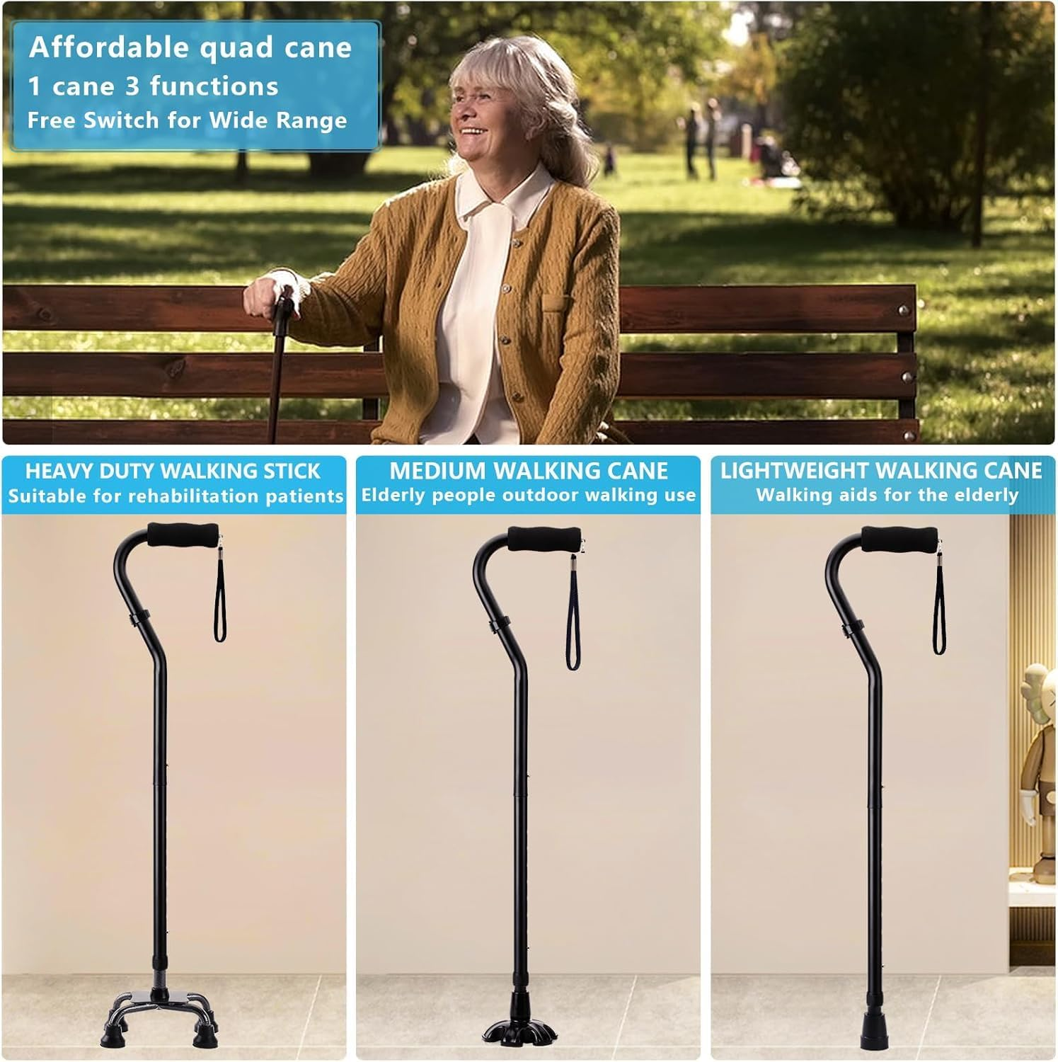 Walking Canes Stablize Women Quad Canes for Seniors & Adults Foldable Adjustable for Men & Women Heavy Duty Freestanding Cane for People with Leg Injuries 3 Footings image number 6