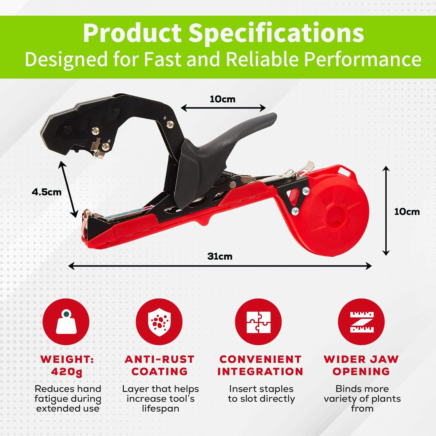 Plant Tie Tapener Gun, Lightweight Vine Tying Tool for Quick Plant Tying, Garden Tapper Stapler with Tape & Staples for Gardeners, Farmers (Red)