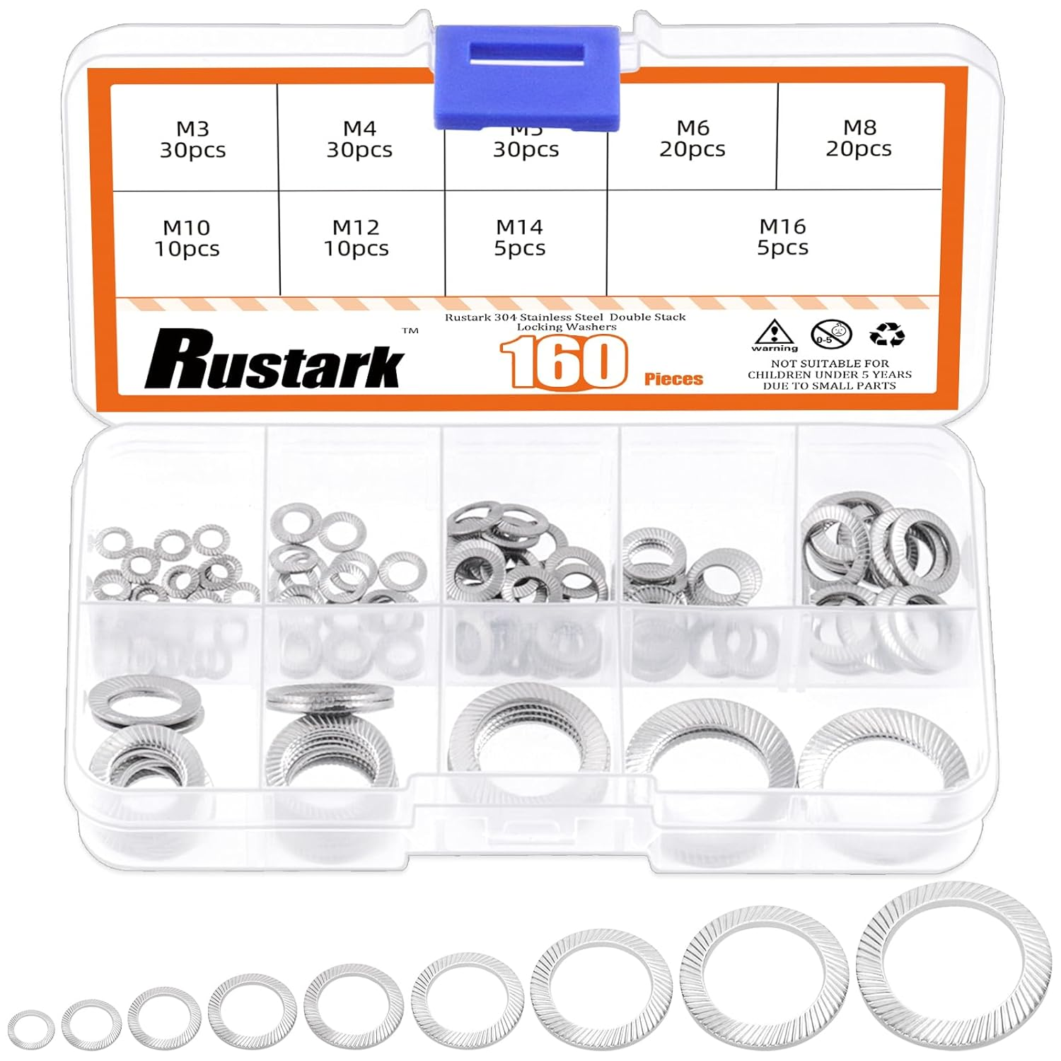 Rustark 160Pcs 9 Sizes 304 Stainless Steel Double Side Lock Washers Silver Tooth Lock Washer Metric Wedge Lock Washer Vibration Resistant Safety Washers for Construction Railway image number 6