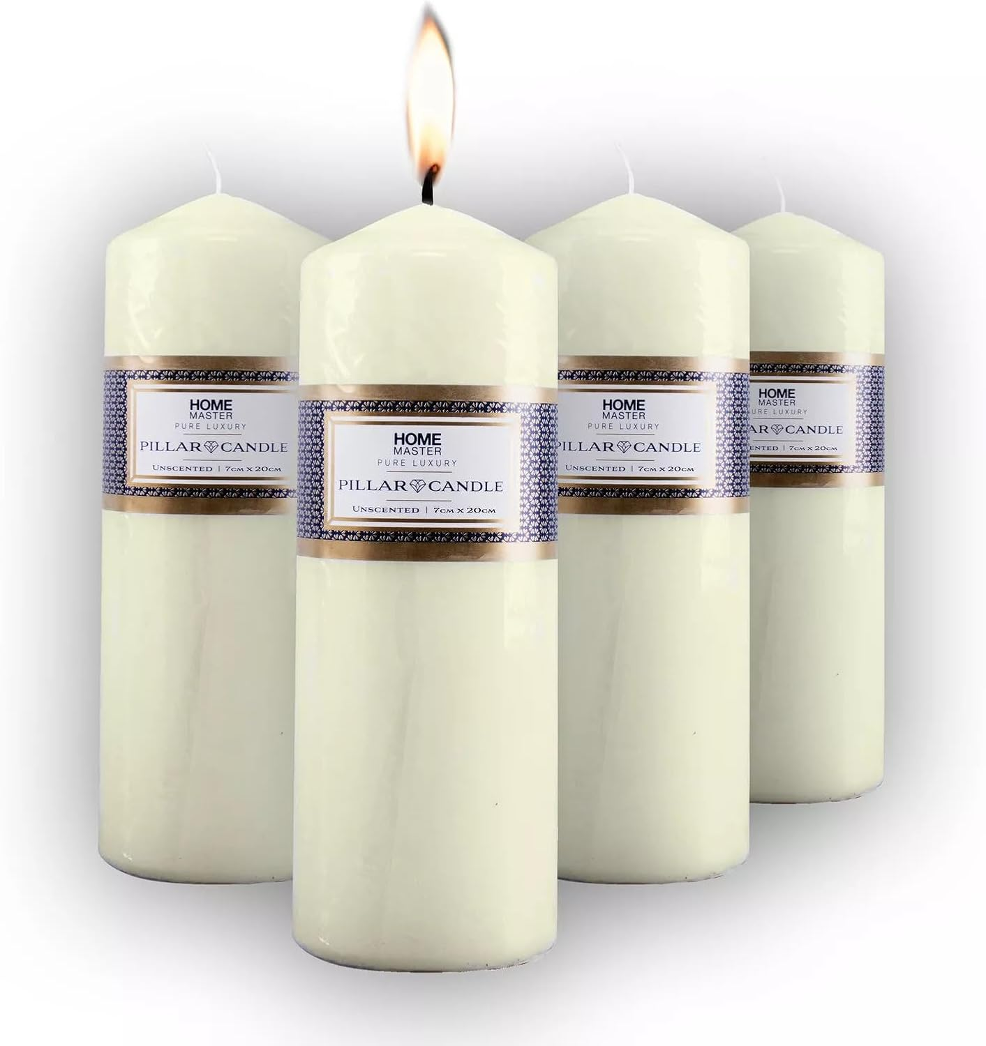 [4PCE] Home Master Pillar Candles - 20Cm - Long-Lasting 60Hr Burn Time - Unscented & Smoke-Free - Ideal for Everyday Decor, Weddings, and Emergencies (White)
