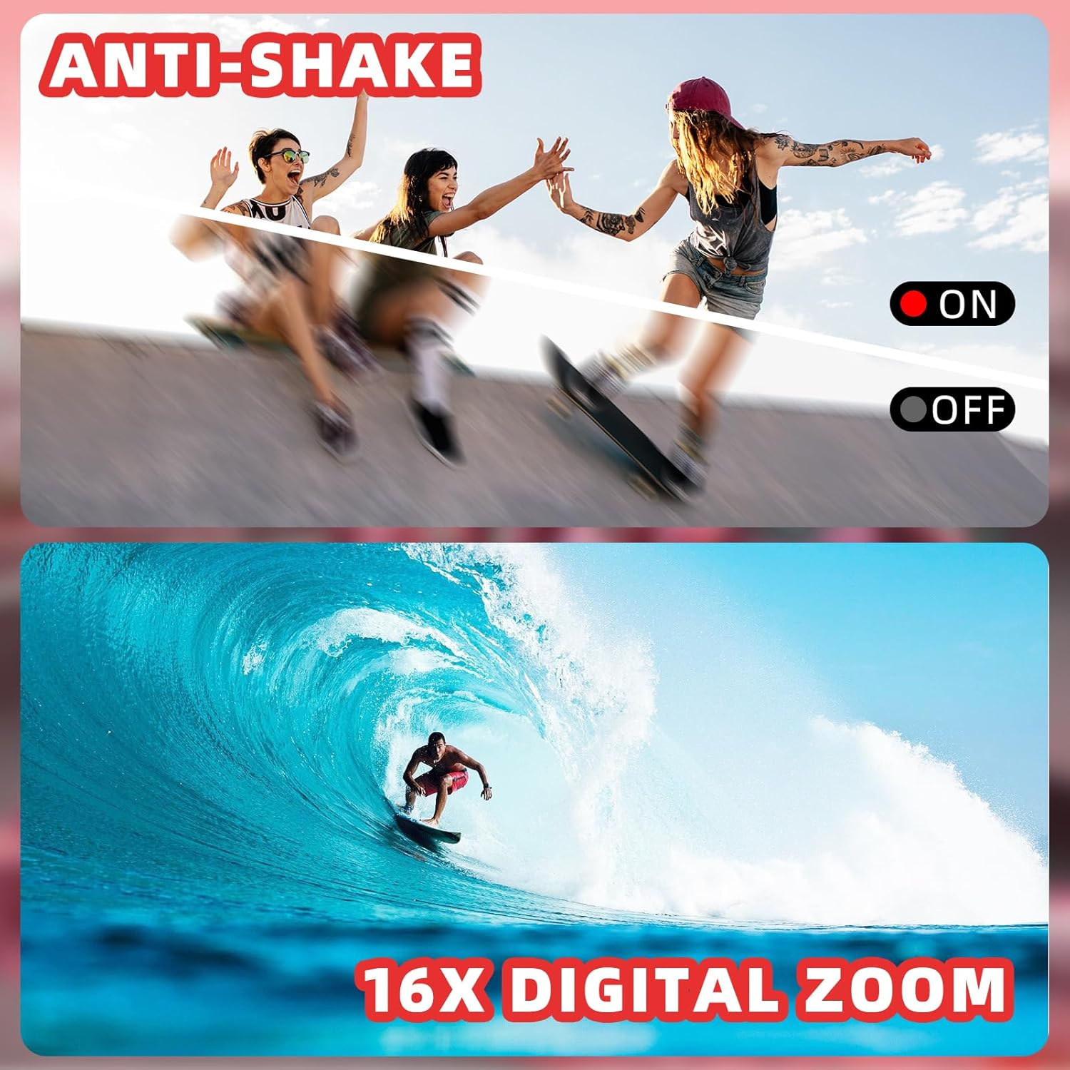 Underwater Digital Camera, 2.7K 48MP Dual-Screen Selfie Waterproof Camera 16X Digital Zoom Compact Camera for Snorkeling (Red) - Red image number 2