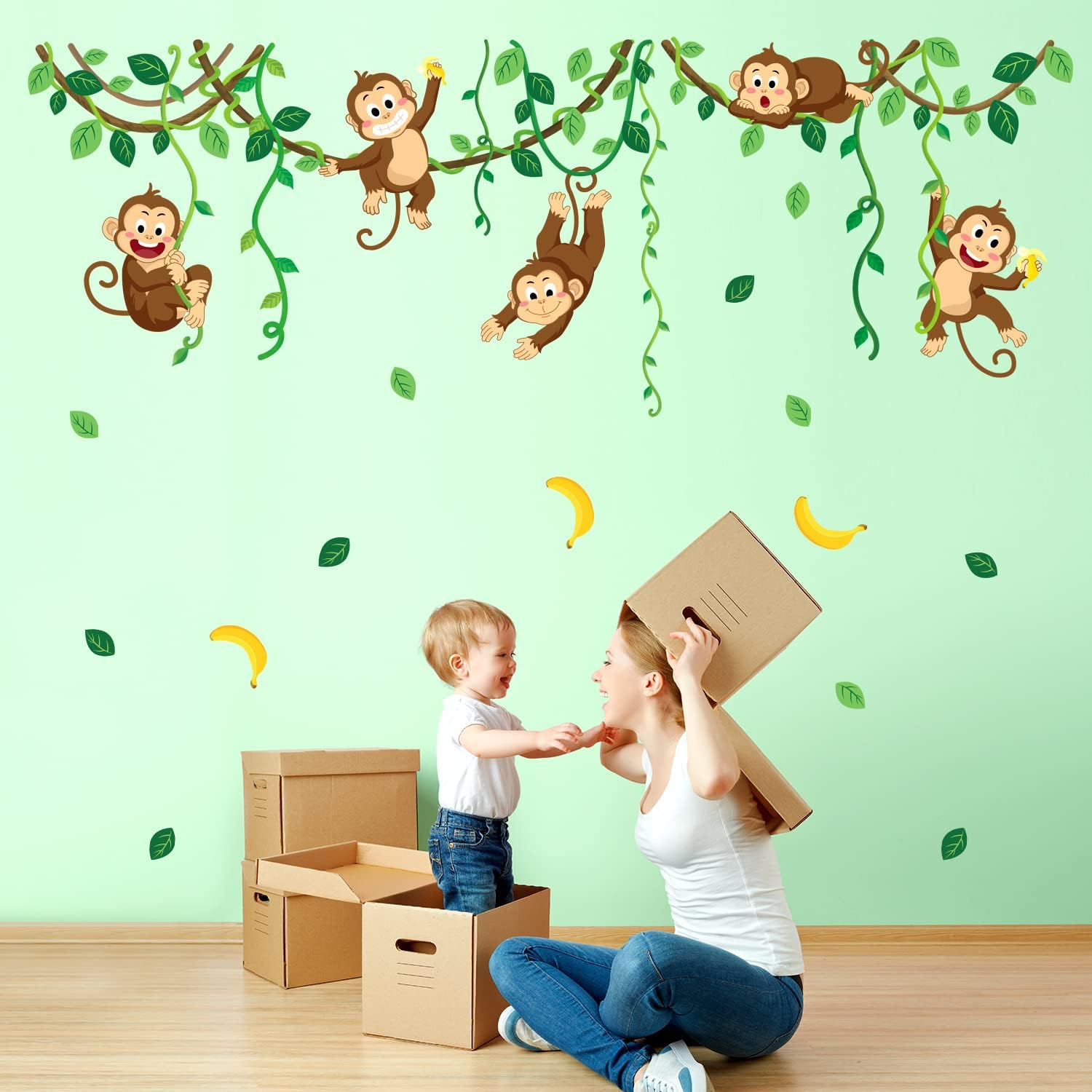 DECOWALL DS9-8053 Monkey Vines Wall Stickers Animals Kids Decals Peel and Stick Removable for Nursery Bedroom Living Room Baby Family Leaf Art D&eacute;cor
