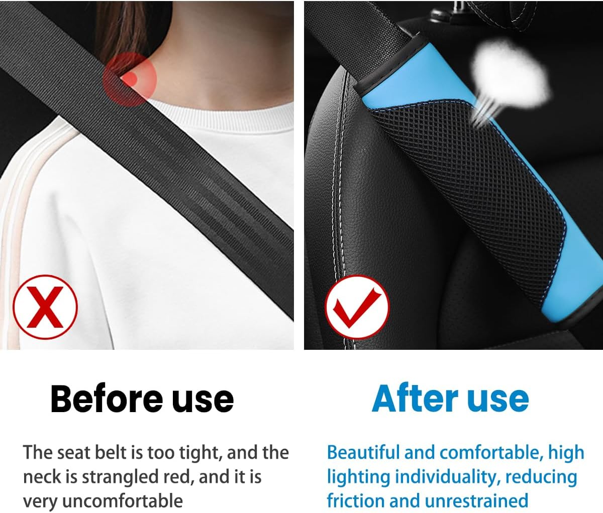 BESULEN Car Seat Belt Pads Cover, 2 Pack Leather Mesh Universal Seatbelt Shoulder Strap Protector, Soft Harness Pad Safety Belt Cover for Comfortable Driving, Car Interior Accessories (Blue) image number 3