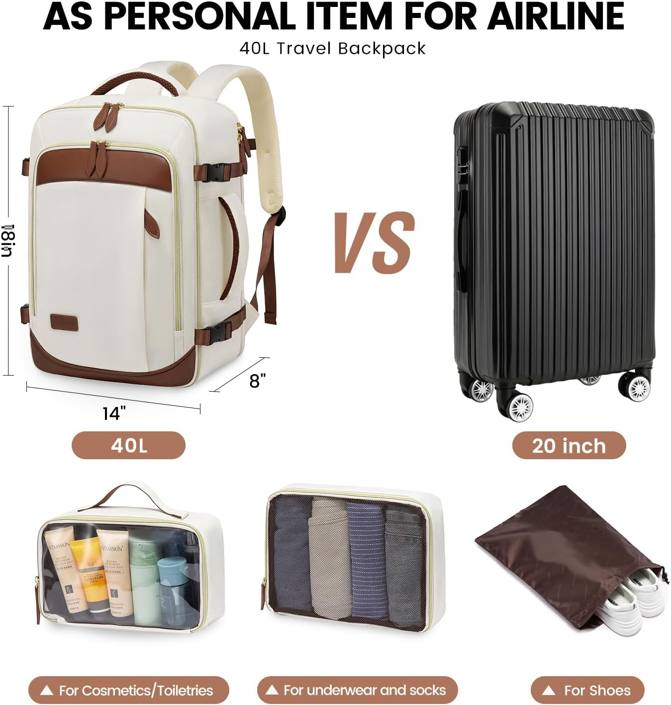 LOVEVOOK Travel Backpack for Women, 40L Carry on Backpack with 3 Packing Cubes,Tsa Personal Item Travel Bag Airline Approved, Water Resistant Weekender Overnight Luggage Daypack, Fits 17 Inch Laptop - Black-Beige-Brown image number 5