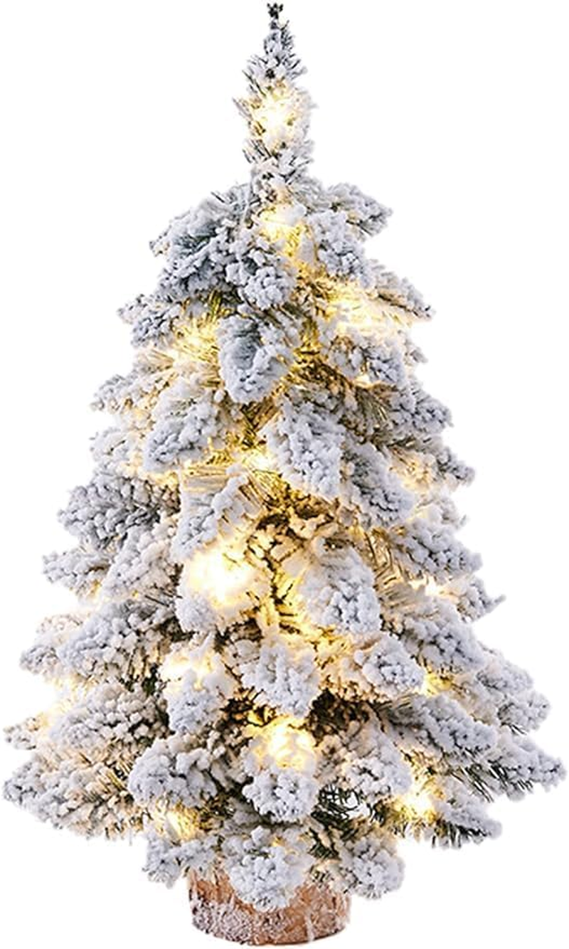 Prelit Mini Christmas Tree,18Inch Tabletop Flocked Christmas Tree with Lights and Wood Base, Xmas Pine Tree for Holiday Home Office Christmas Decoration image number 4