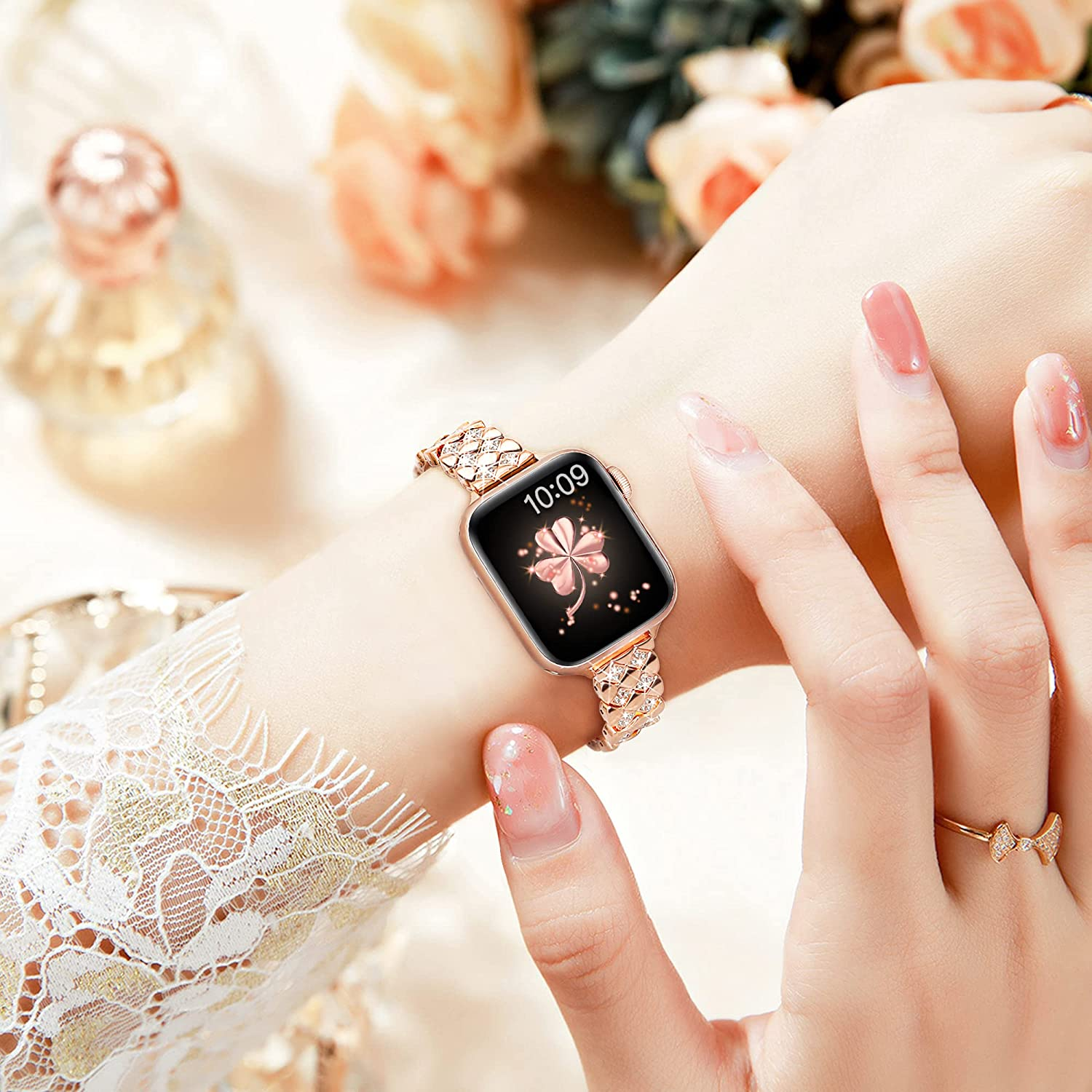 Vamyzji Compatible with Apple Watch Bands Ultra 49Mm 46Mm 45Mm 44Mm 42Mm, Fashion Metal Band for Apple Watch Ultra 3 2 1 Series 11 10 9 8 7 6 5 4 SE 3 2 1, Bling Jewelry Bracelet for Women,Rose Gold image number 4