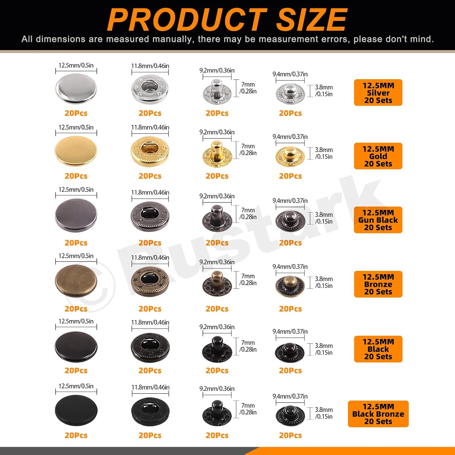 120 Sets 12.5Mm 6 Colors Leather Snap Fasteners Kit with Hammer 9Pcs Setting Tools, Metal Snap Button Press Stud Clothing Snap Assortment Kit for Leather, Clothes, Jackets, Jeans, DIY Craft